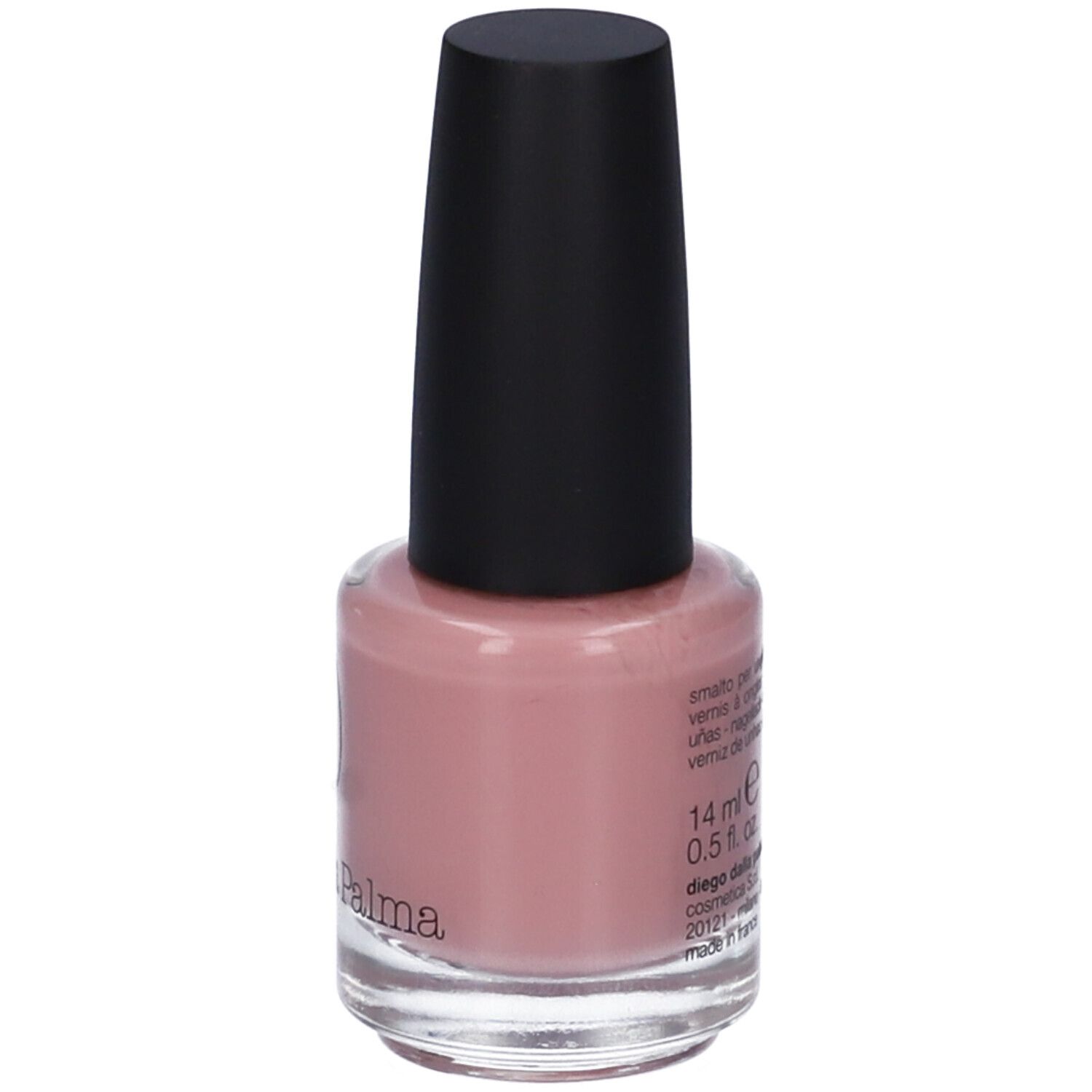 Flacone di smalto rosa, tappo nero. Contenuto: 14 ml.
