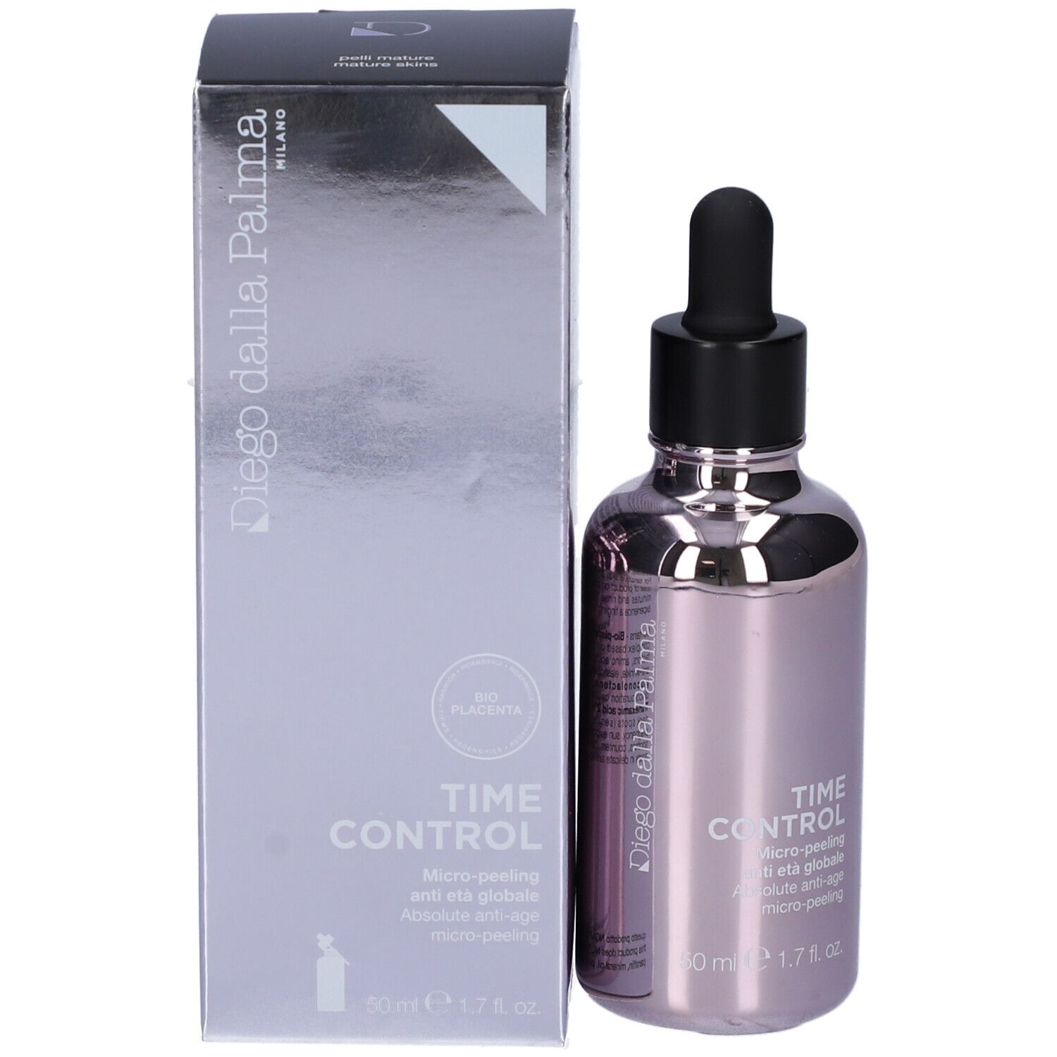 Flacone e confezione del prodotto. Scritta: Time Control, Micro-peeling. Marchio: Diego dalla Palma.