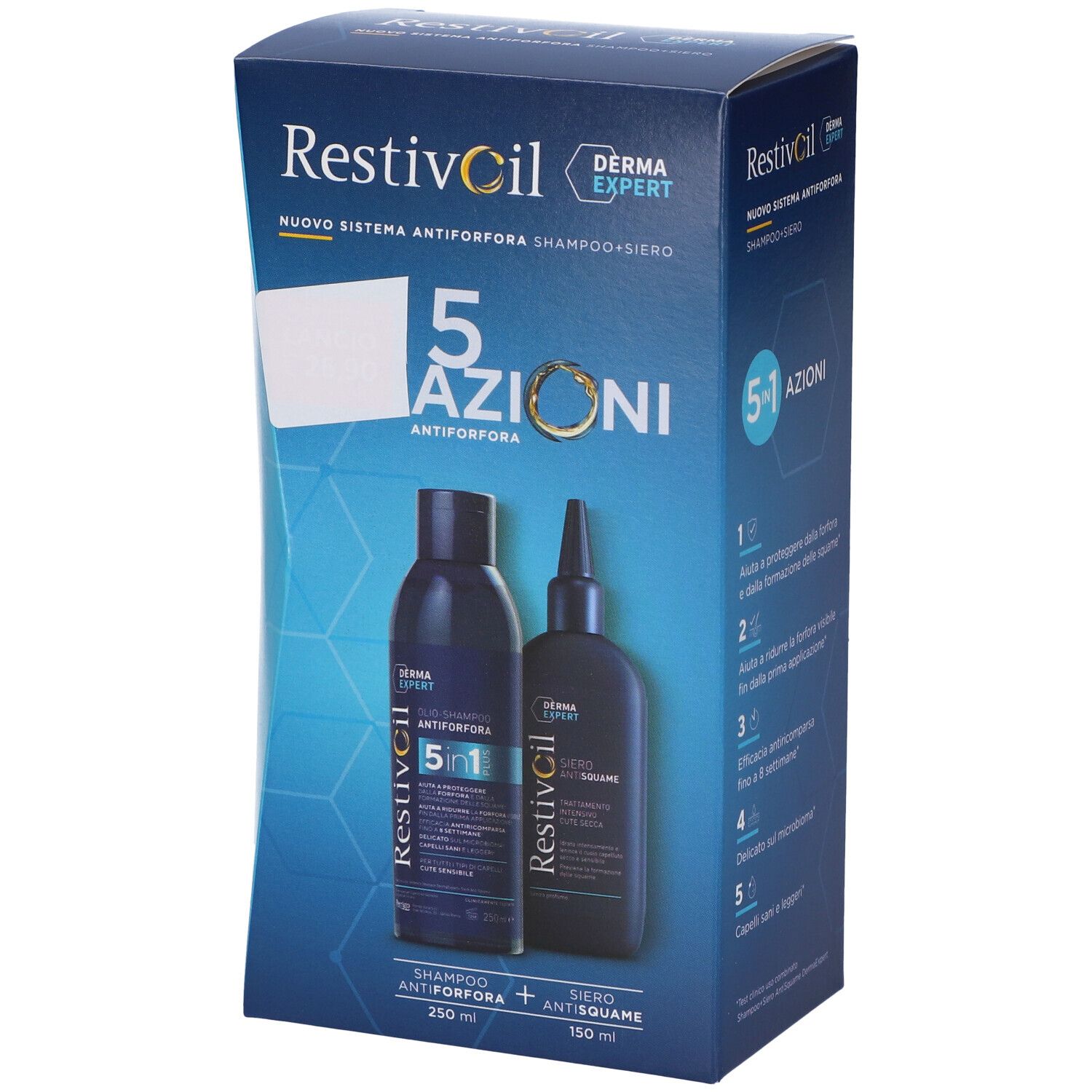Confezione Restivoil Derma Expert, 5 Azioni Antiforfora. Contiene shampoo e siero. Flaconi neri.