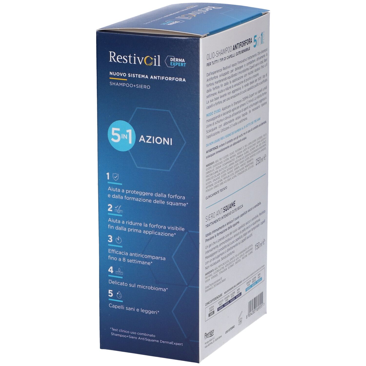 Confezione Restivoil Derma Expert. Testo: 5 Azioni Antiforfora. Dettagli delle 5 azioni.