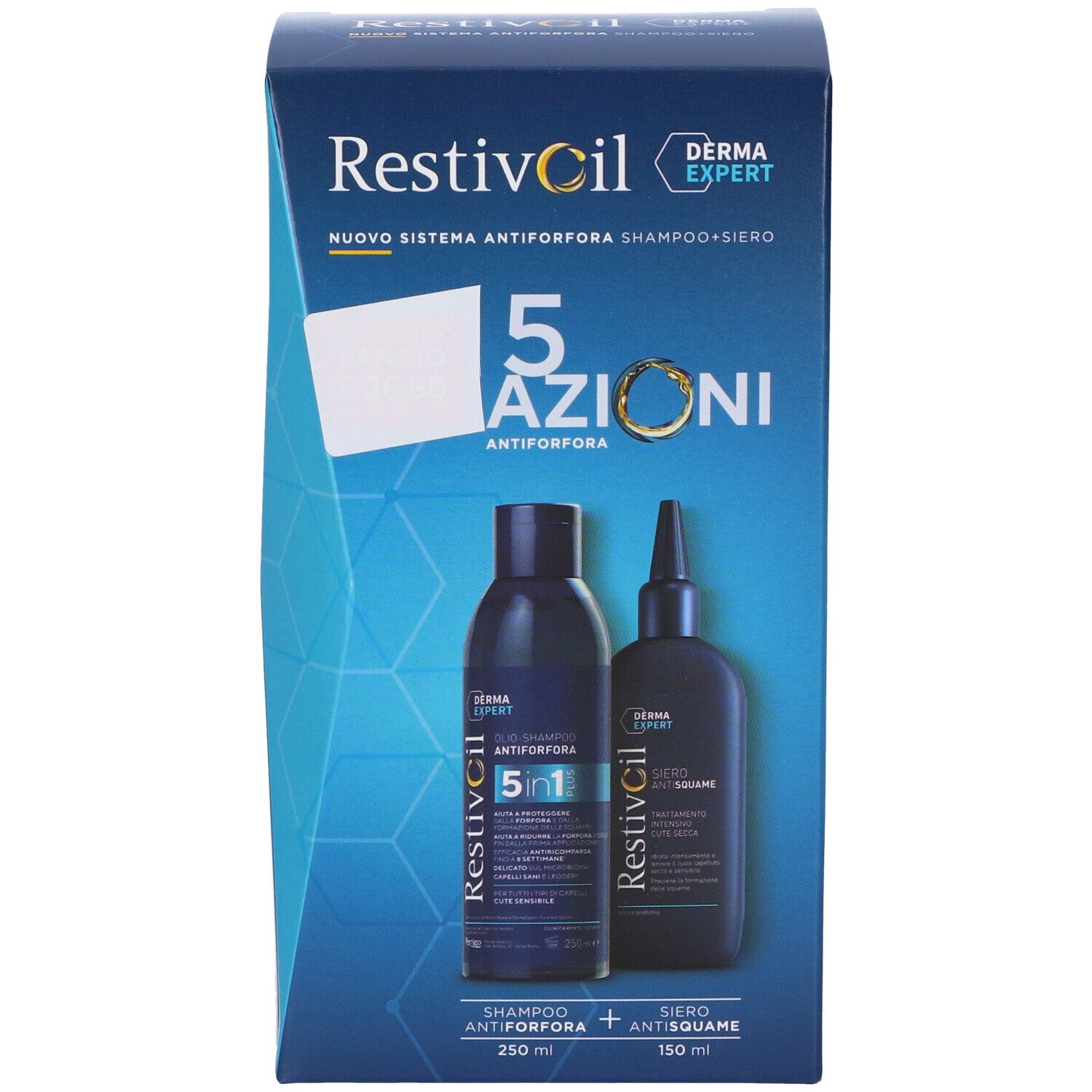 Confezione Restivoil Derma Expert, 5 Azioni Antiforfora. Contiene shampoo e siero. Flaconi neri.