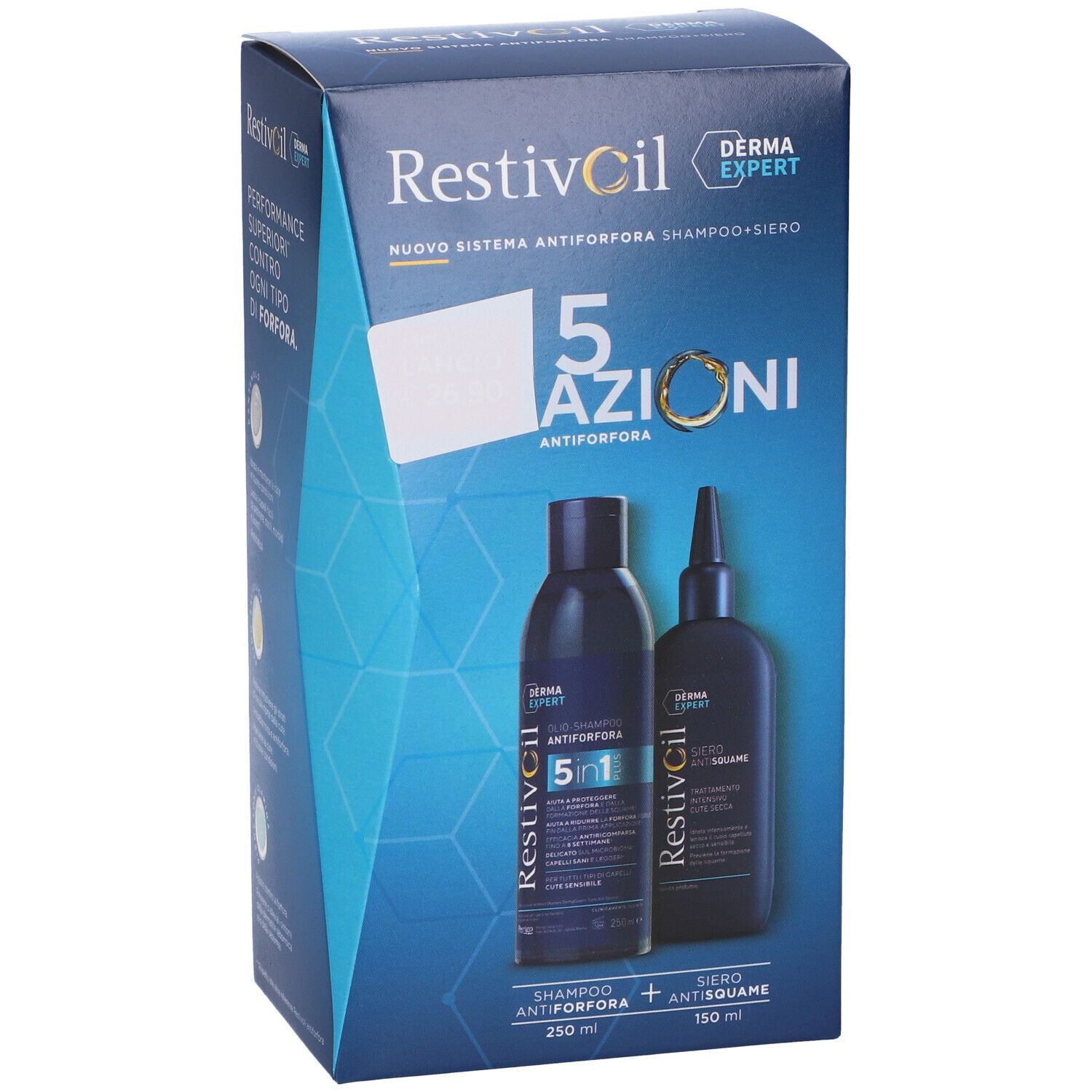 Confezione Restivoil Derma Expert, 5 Azioni Antiforfora. Contiene shampoo e siero. Flaconi neri.