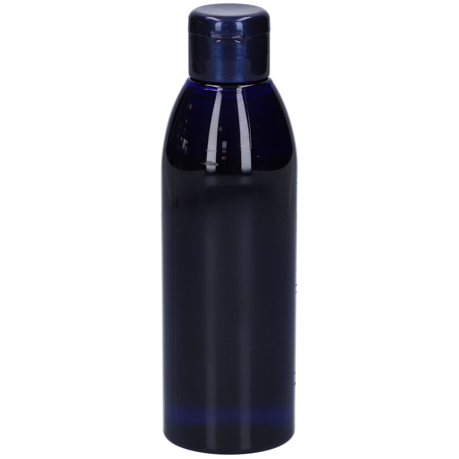 Dunkelblaue Flasche mit Klappdeckel.
