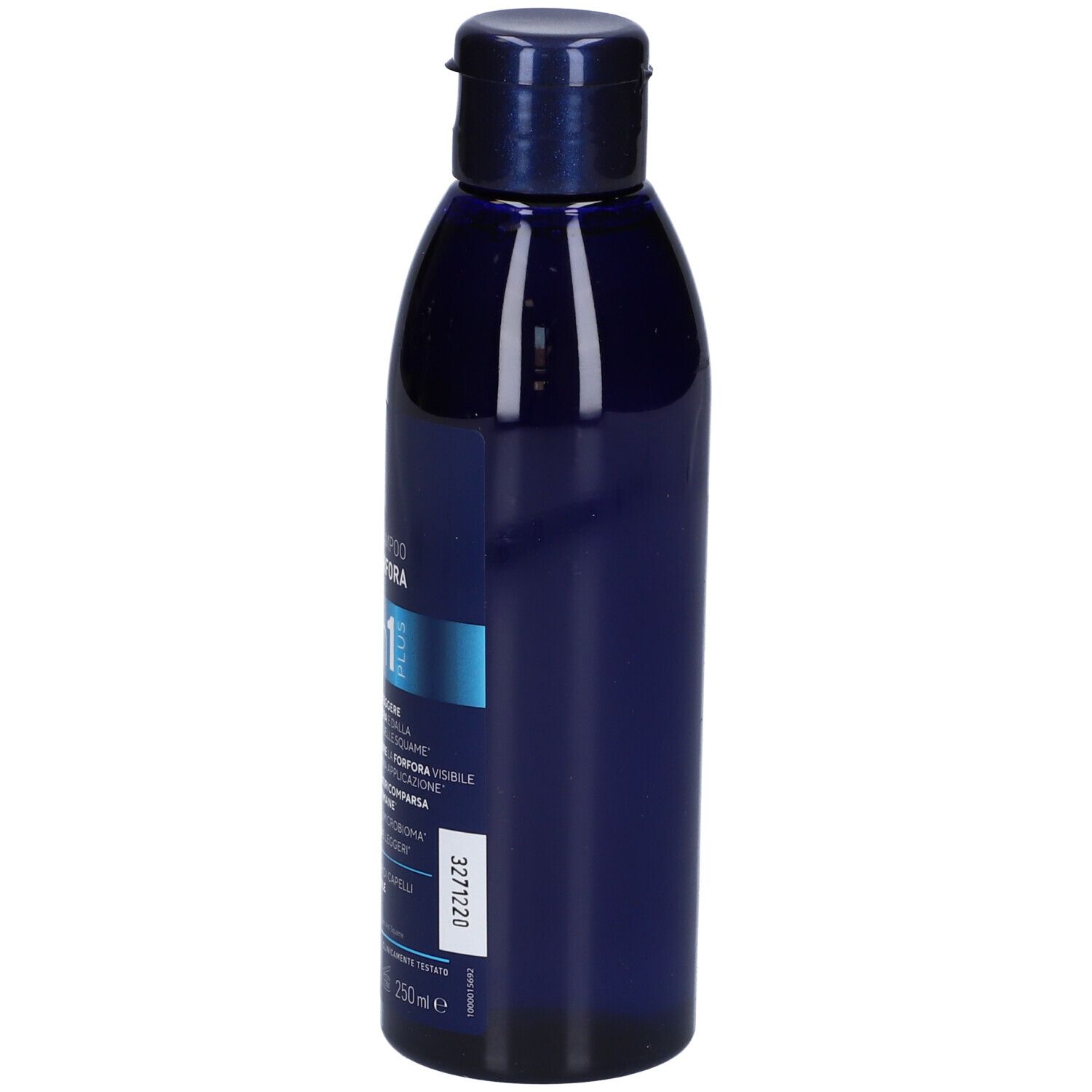 Dunkelblaue Flasche mit Klappdeckel, 250ml, mit Etikett.