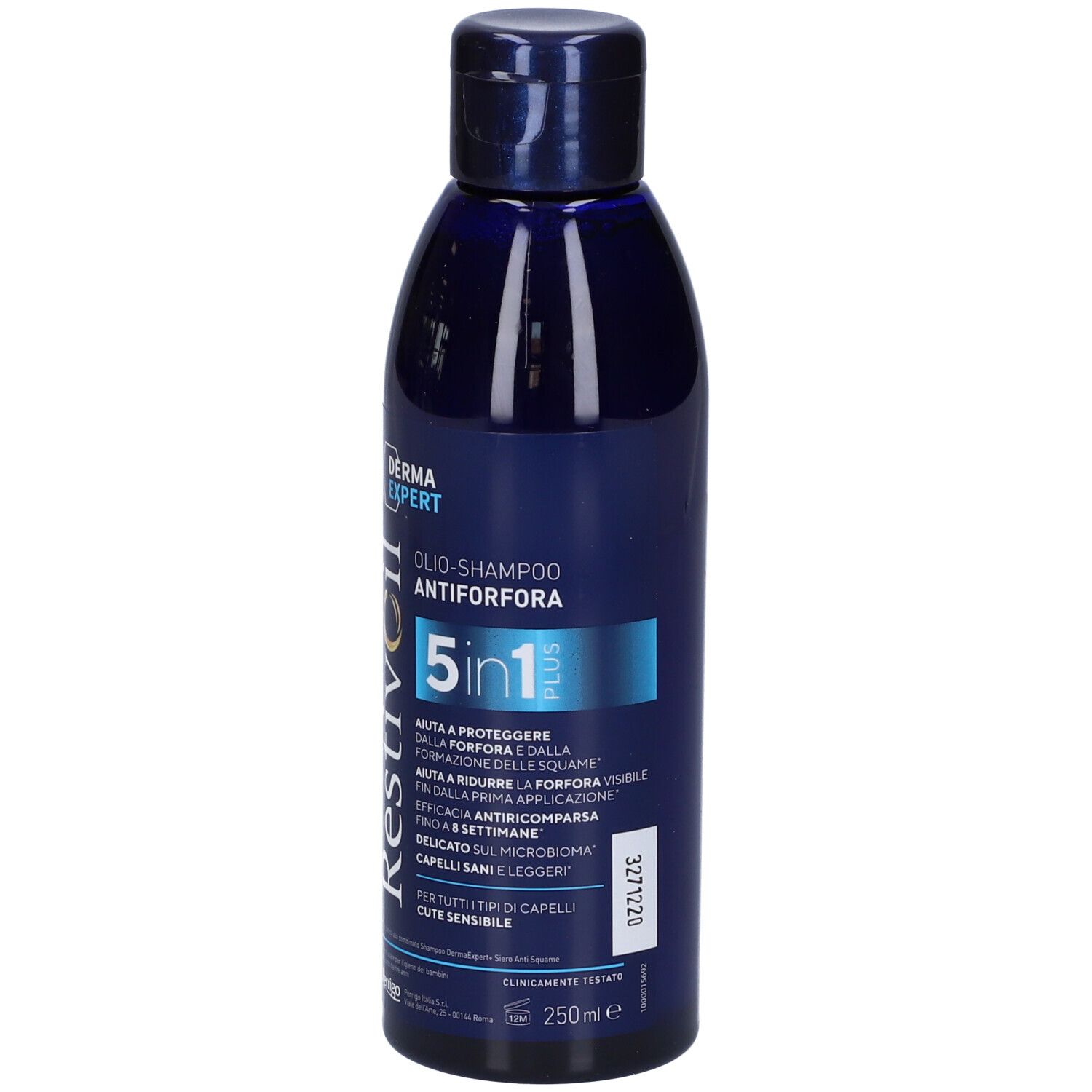 Dunkelblaue Flasche mit 5in1 Anti-Schuppen Öl-Shampoo, 250ml.