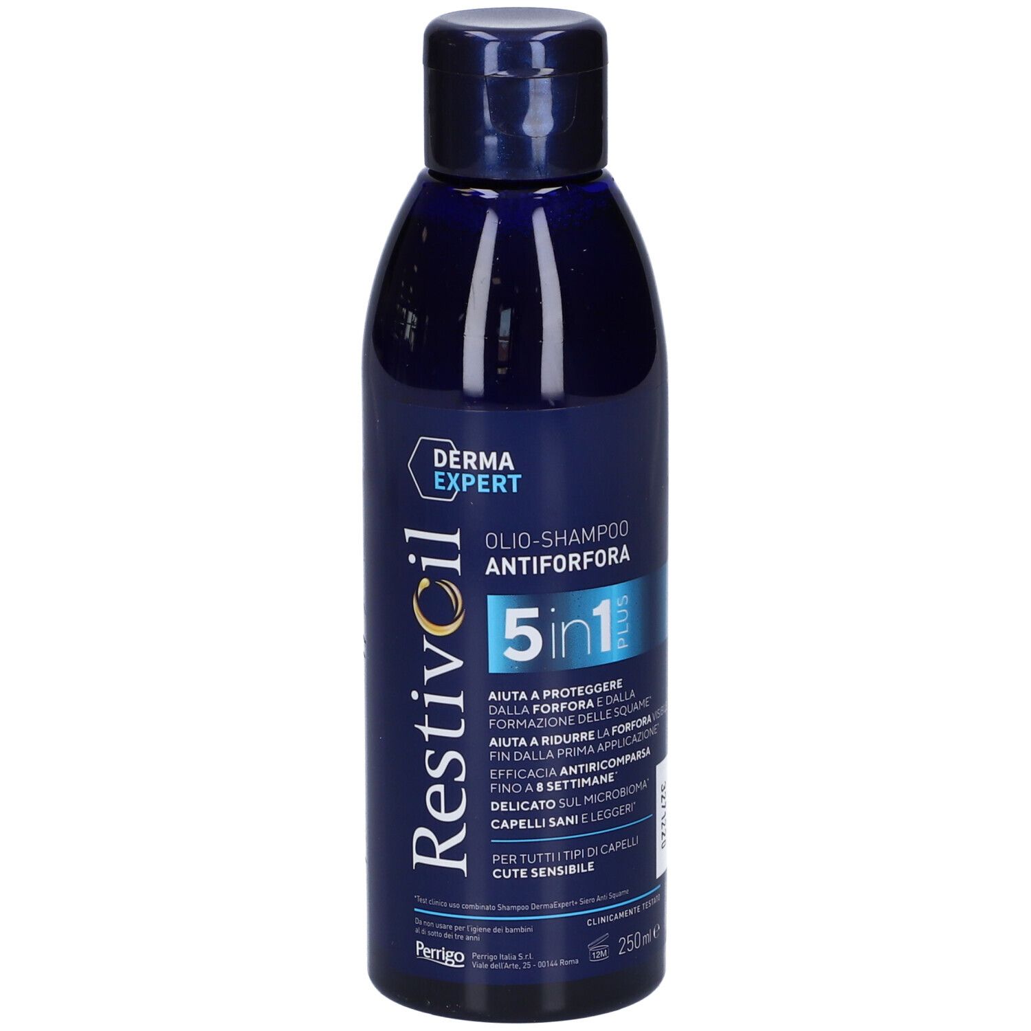 Dunkelblaue Flasche RestivOil 5in1 Anti-Schuppen-Öl-Shampoo mit weißem Etikett und dunkelblauem Verschluss.