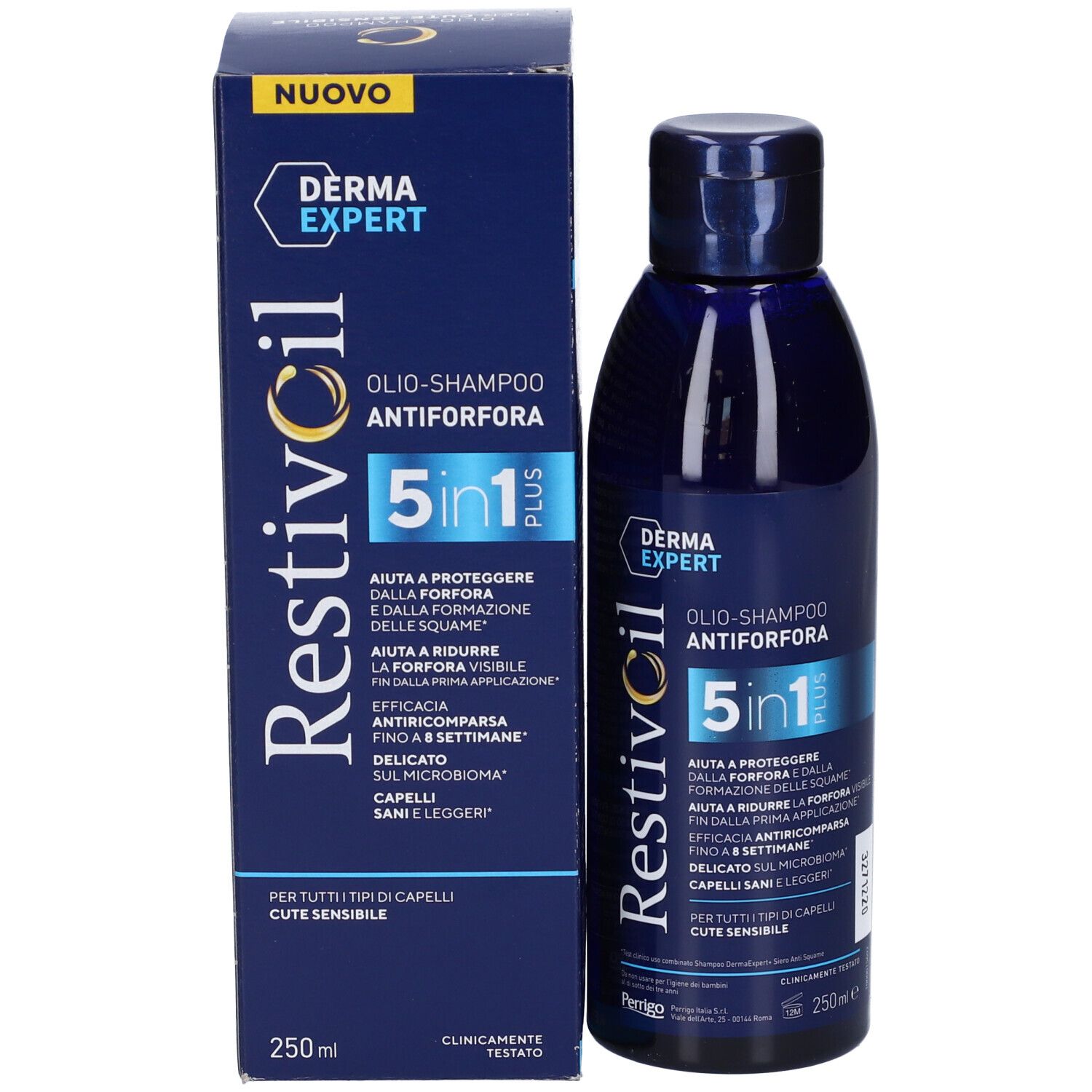 RestivOil 5in1 Plus Öl-Shampoo Antiforfora in dunkler Flasche und Kartonverpackung.