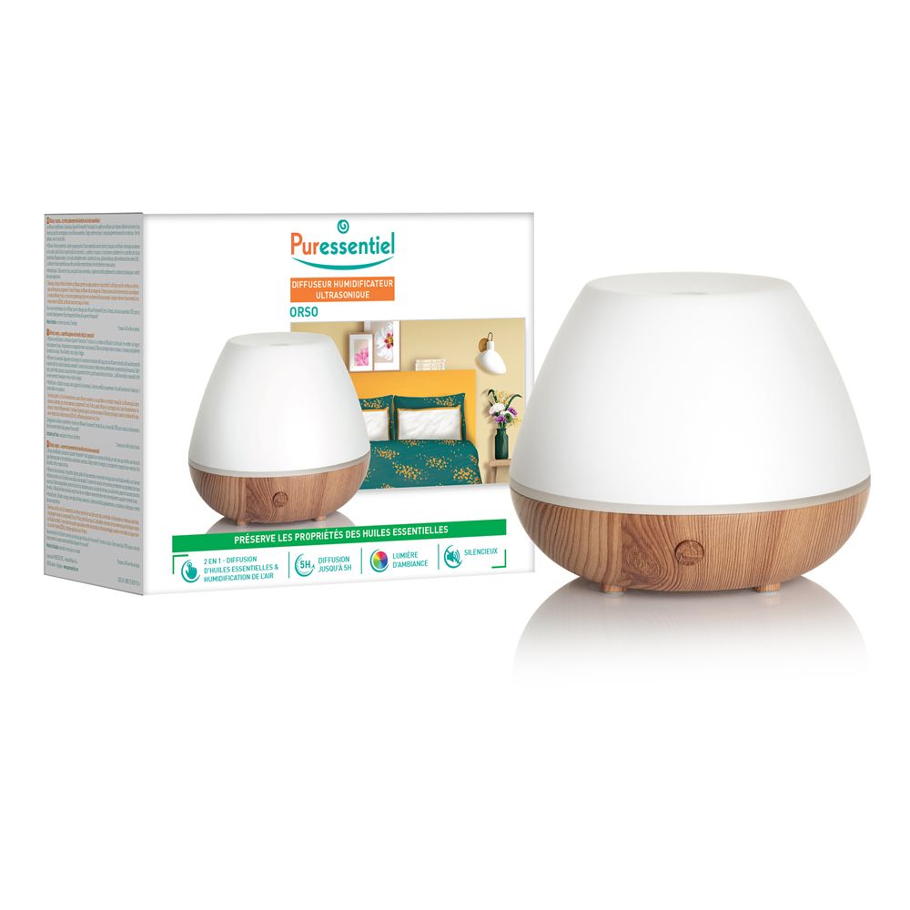 Diffusore a ultrasuoni bianco e legno. Confezione con immagine e testo. Marchio Puressentiel.