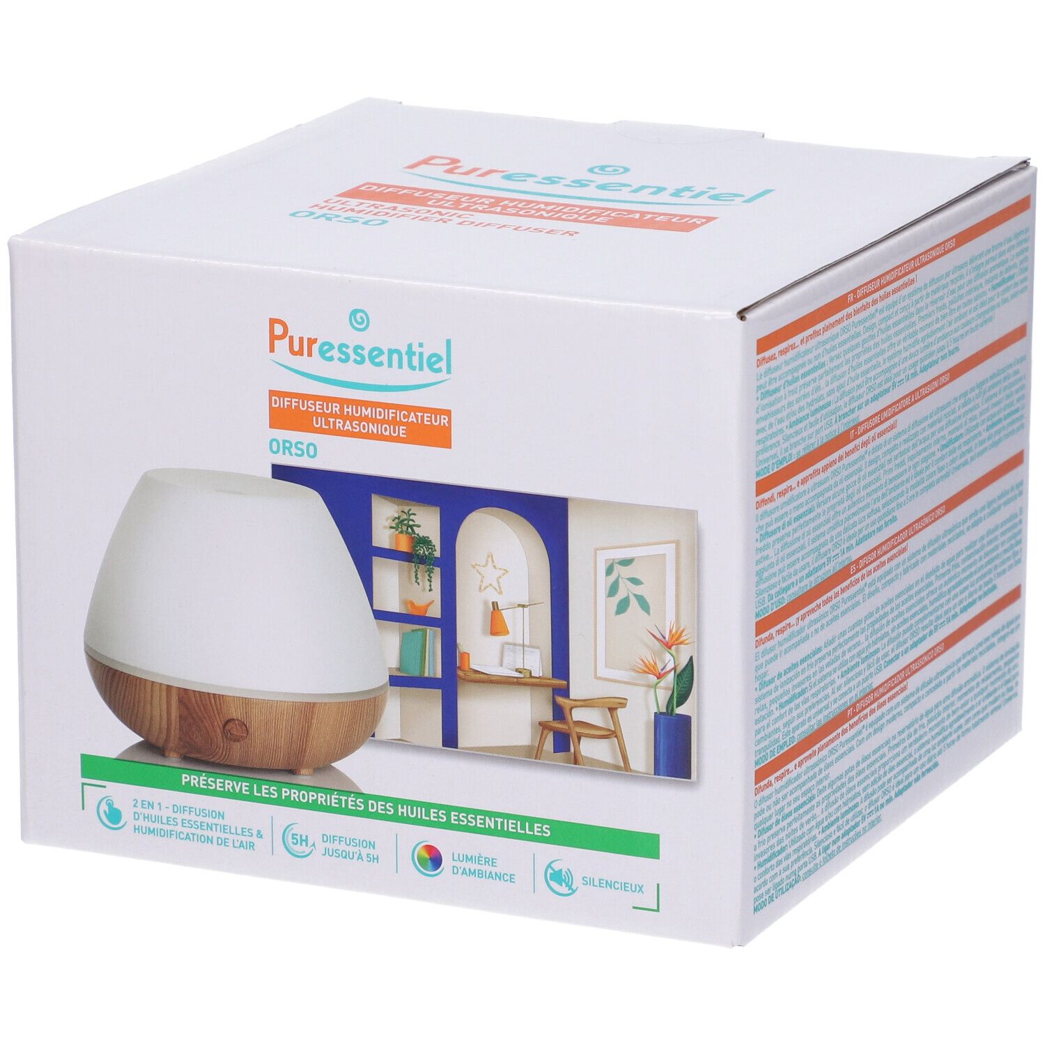 Confezione del diffusore a ultrasuoni. Immagine e testo del prodotto. Marchio Puressentiel. Scritta: Diffusore Umidificatore Ultrasonico.