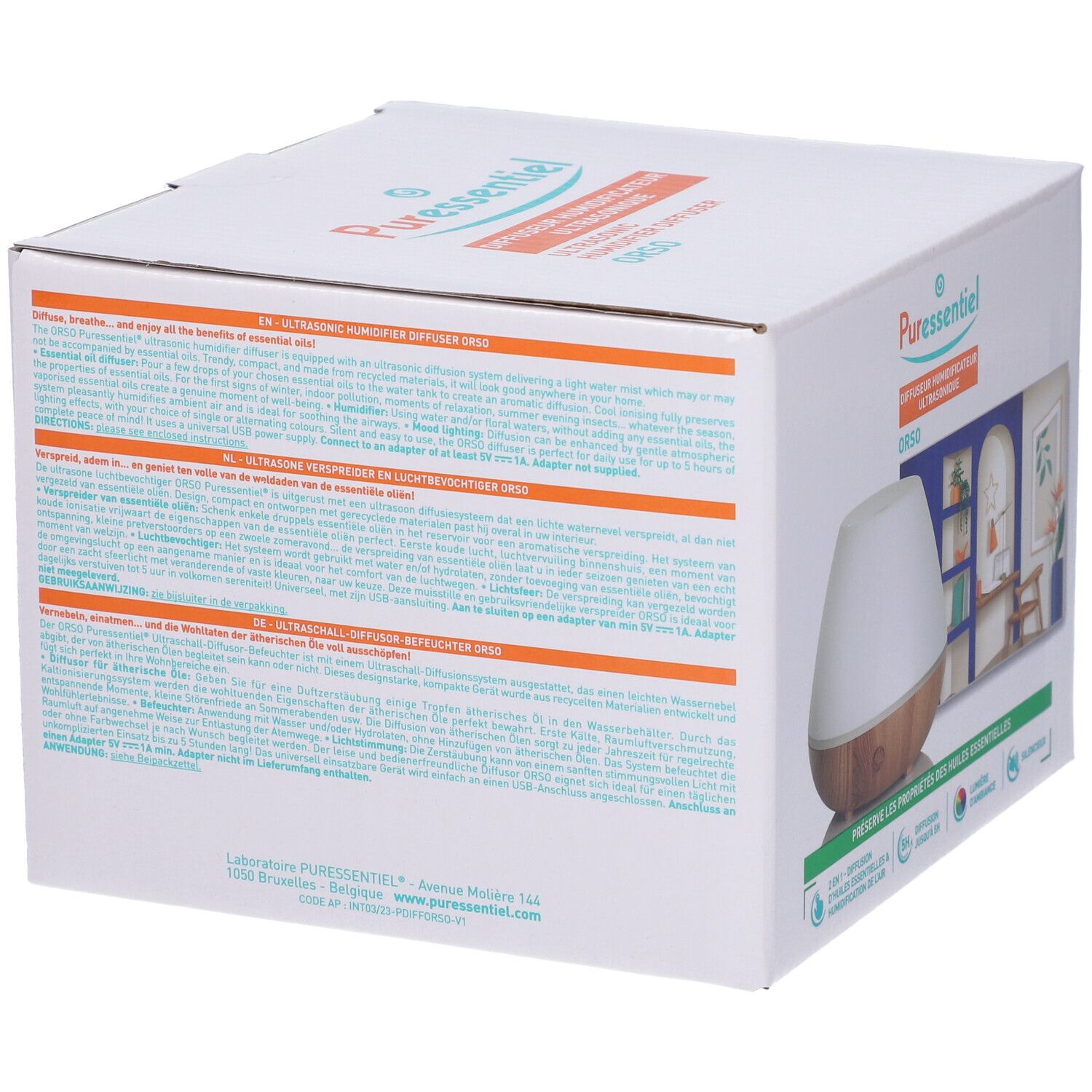 Retro della confezione del prodotto. Testo multilingue. Marchio Puressentiel. Immagine del diffusore a ultrasuoni.