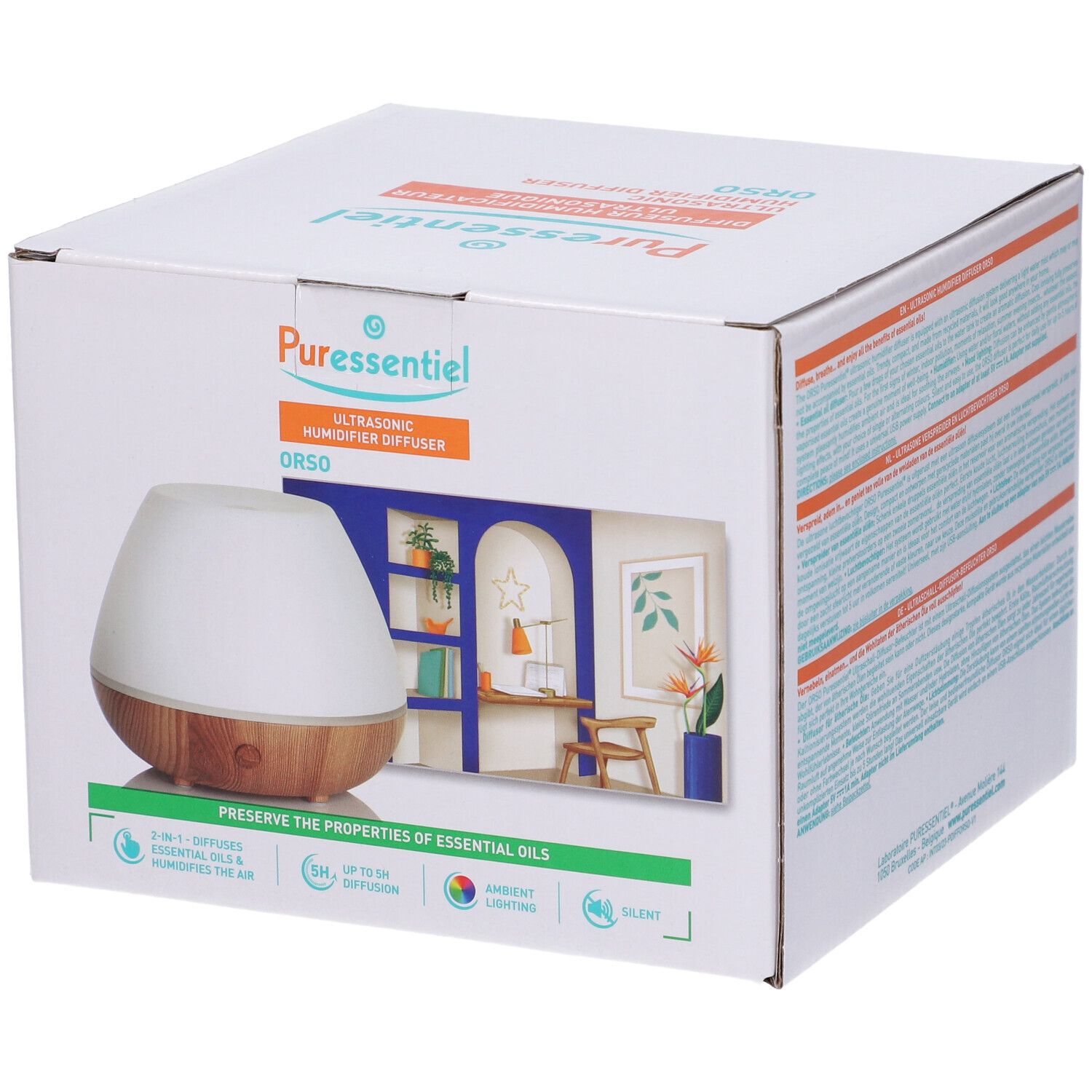 Confezione del prodotto con immagine e testo. Marchio Puressentiel. Scritta: Diffusore Umidificatore Ultrasonico.