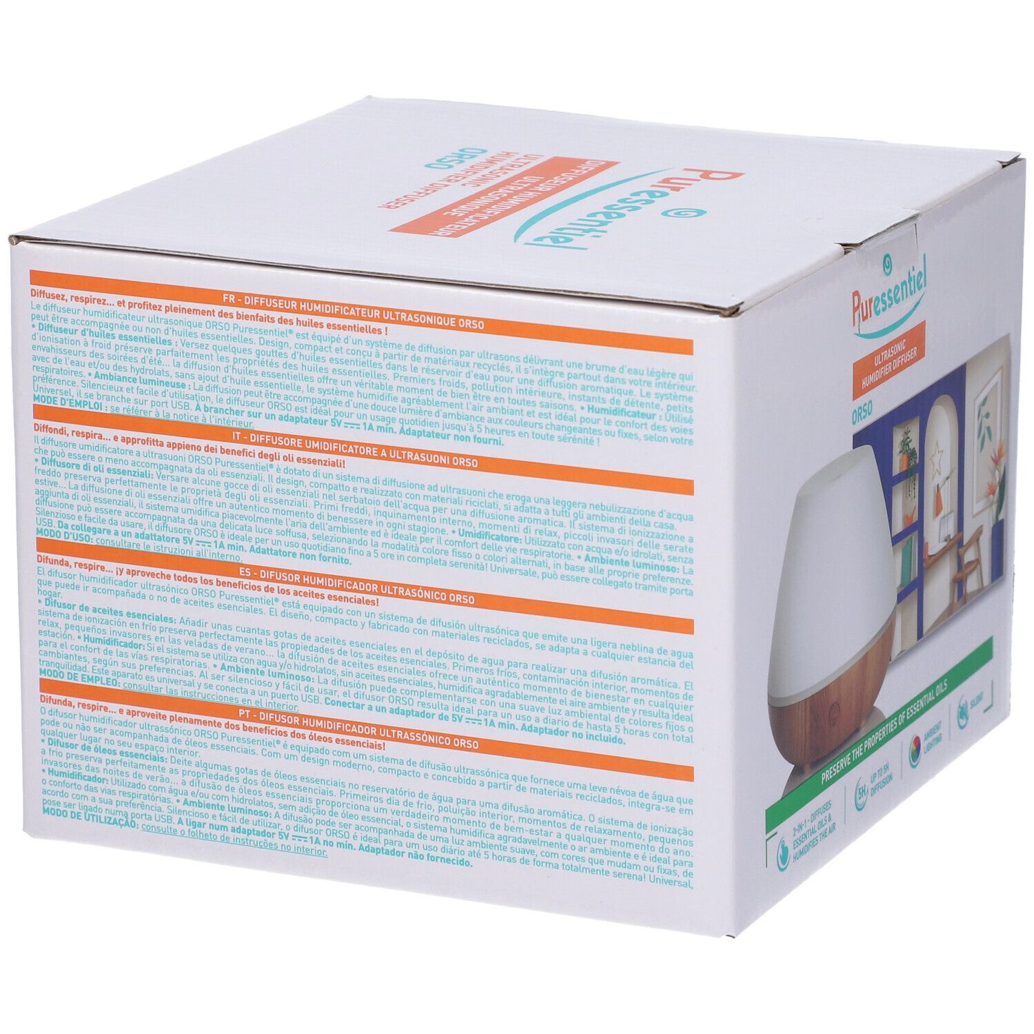 Retro della confezione del prodotto. Testo multilingue. Marchio Puressentiel. Immagine del diffusore a ultrasuoni.