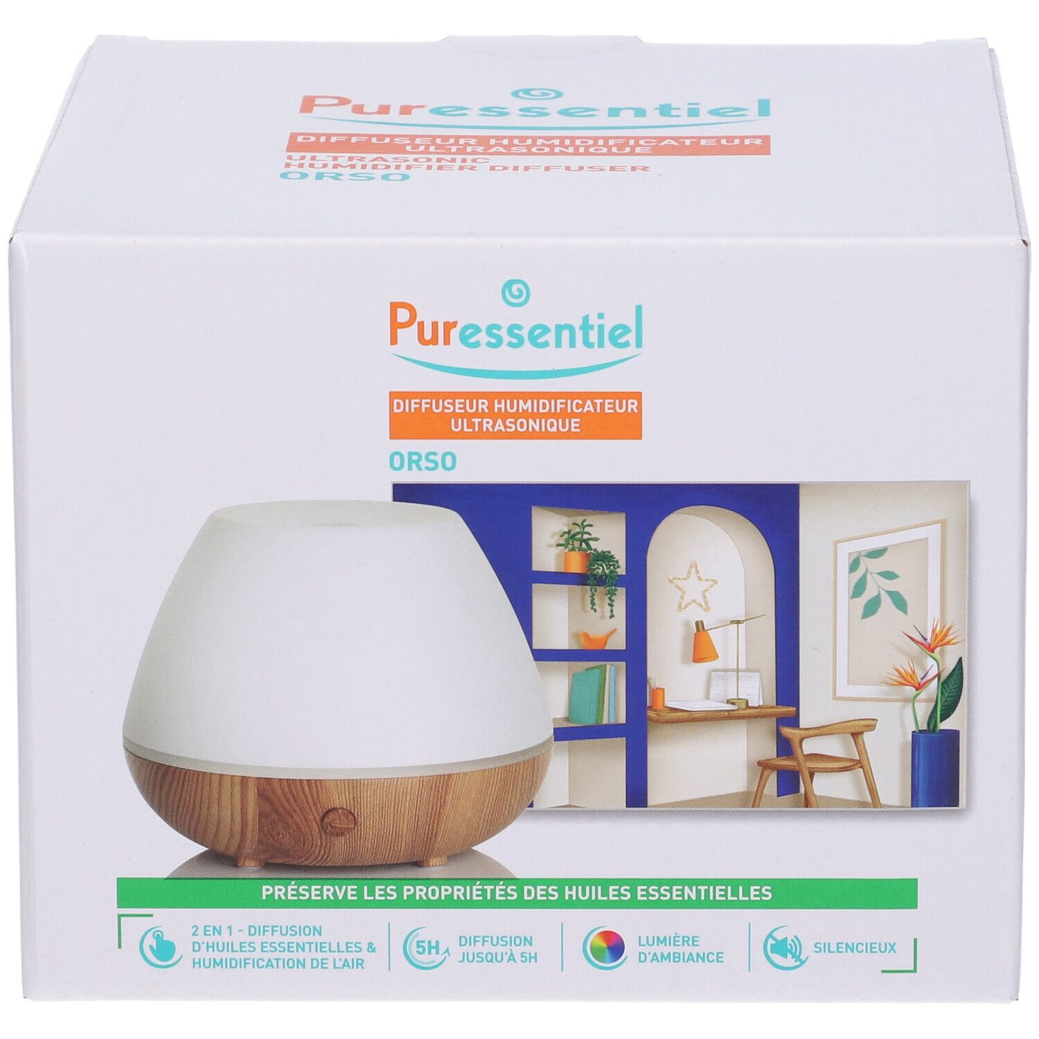 Confezione del prodotto con immagine e testo. Marchio Puressentiel. Scritta: Diffusore Umidificatore Ultrasonico.