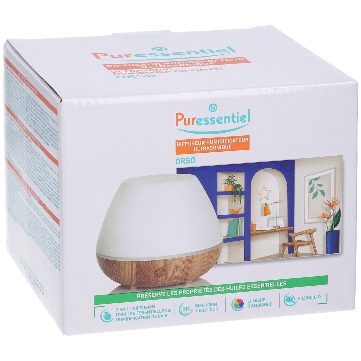 Confezione del prodotto con immagine e testo. Marchio Puressentiel. Scritta: Diffusore Umidificatore Ultrasonico.