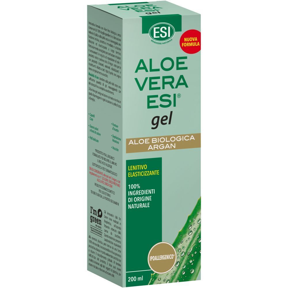 Confezione verde con ESI Aloe Vera ESI Gel. Testo: Aloe Vera ESI gel, Aloe biologica Argan, 100% ingredienti di origine naturale.