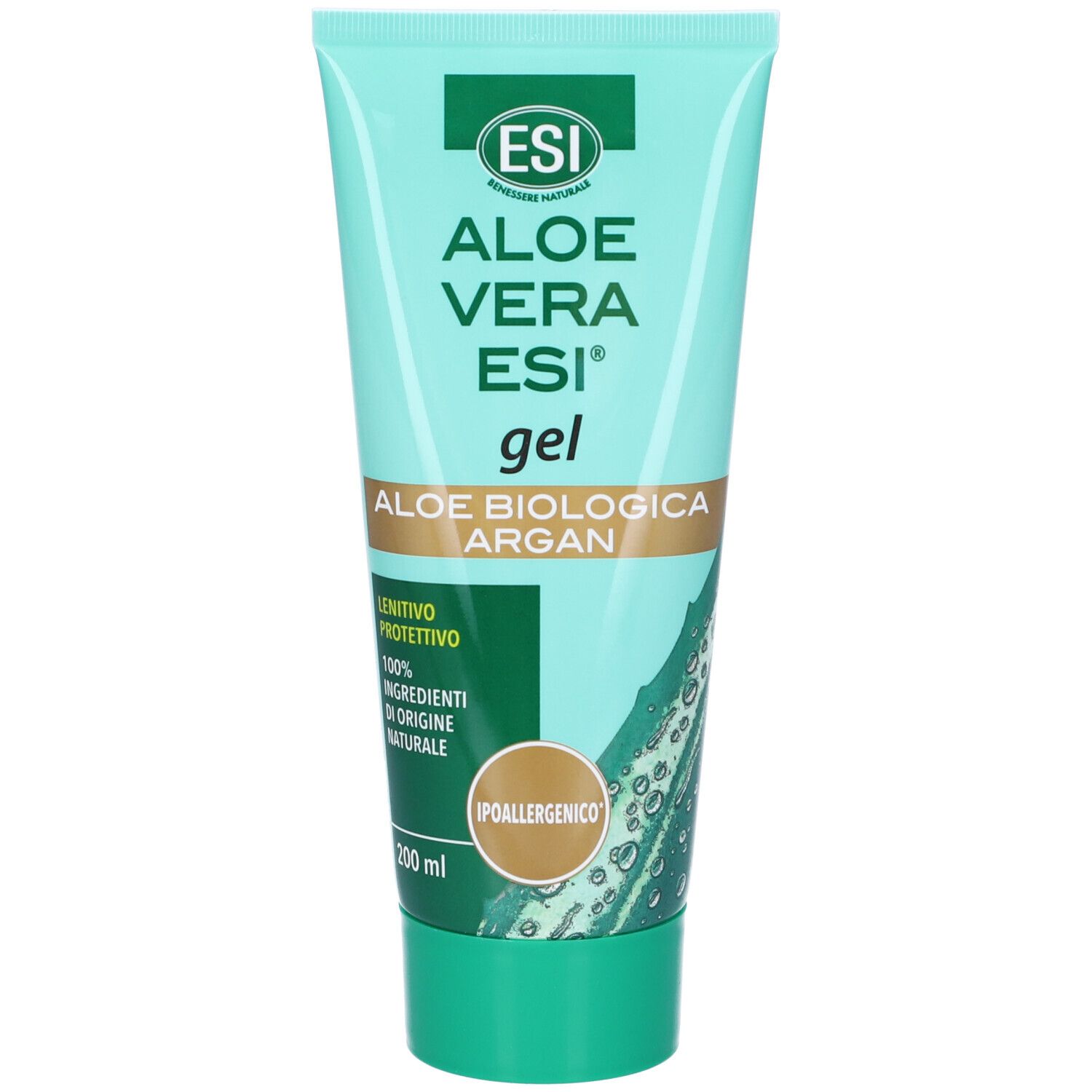 Tubo verde ESI Aloe Vera ESI Gel. Testo: Aloe Vera ESI gel, Aloe biologica Argan, 100% ingredienti di origine naturale.