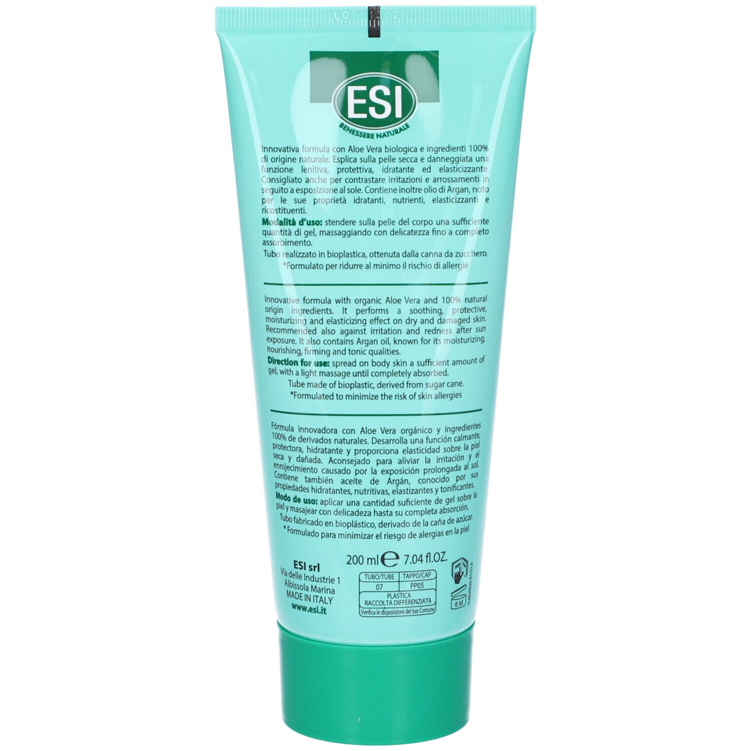Retro del tubo verde ESI Aloe Vera ESI Gel. Testo: Ingredienti, istruzioni per l'uso, informazioni del produttore.
