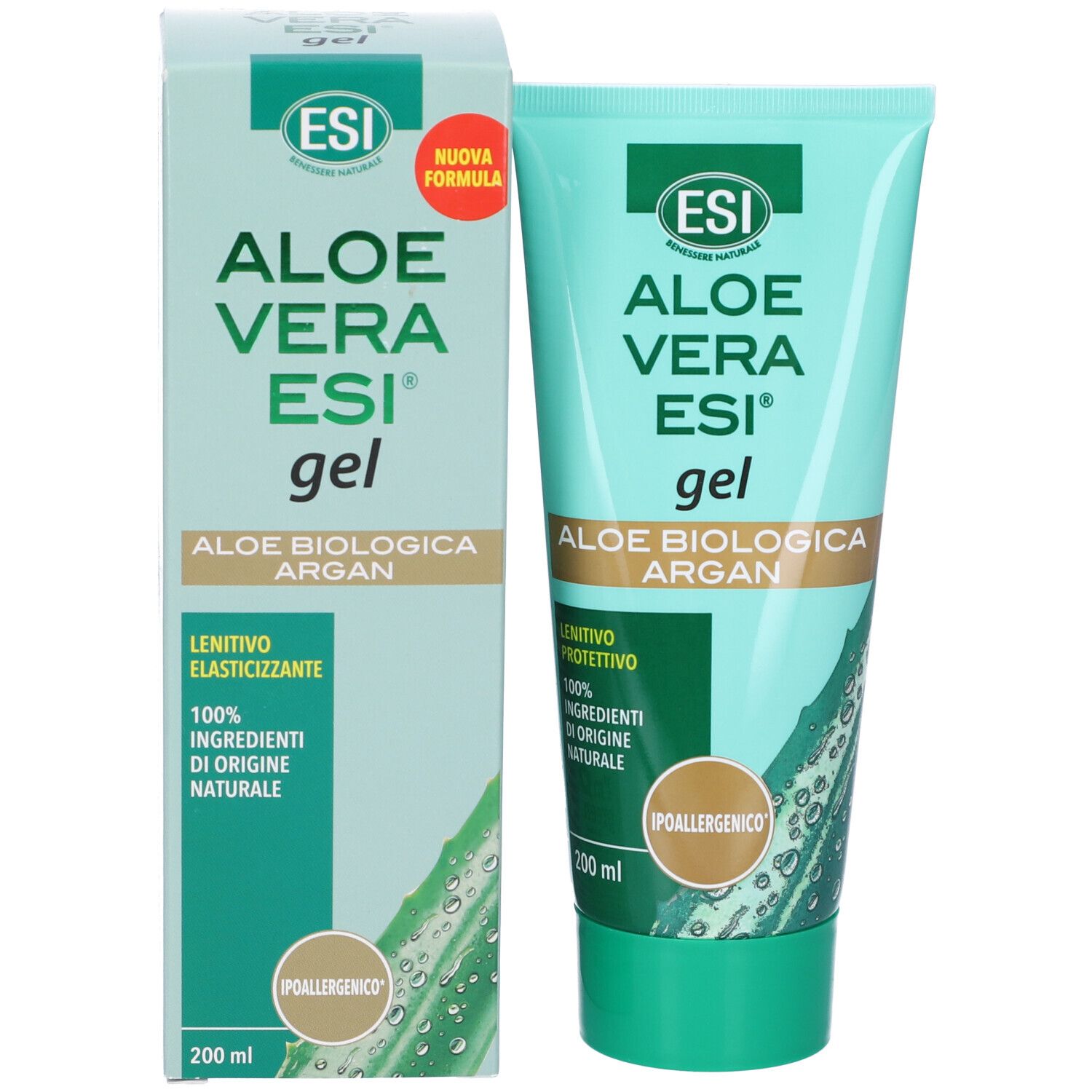 Tubo e confezione ESI Aloe Vera ESI Gel. Testo: Aloe Vera ESI gel, Aloe biologica Argan, 100% ingredienti di origine naturale.