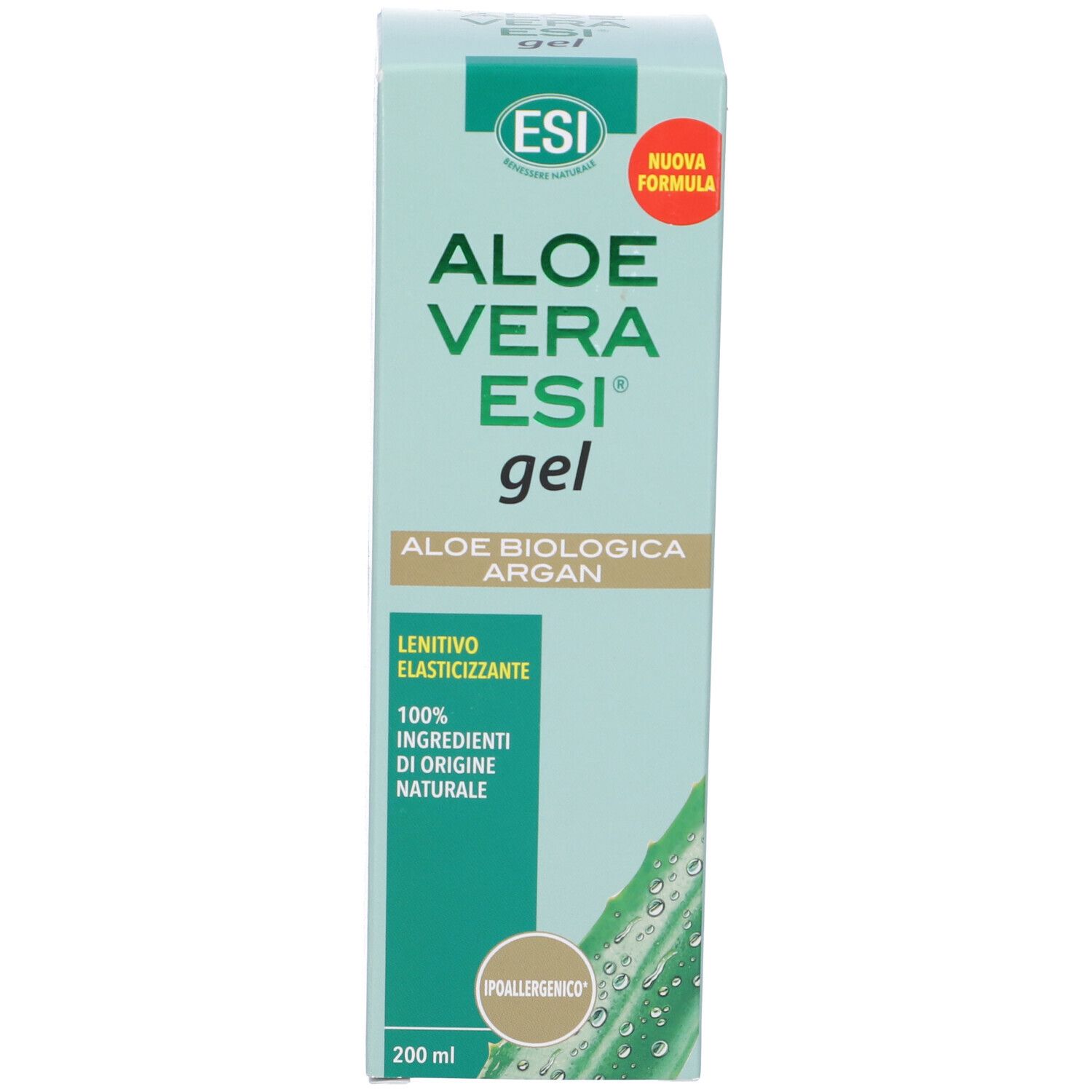 Confezione verde ESI Aloe Vera ESI Gel. Testo: Aloe Vera ESI gel, Aloe biologica Argan, 100% ingredienti di origine naturale.