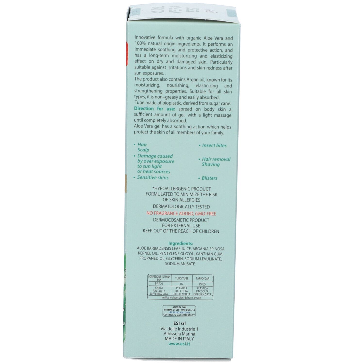 Retro della confezione verde ESI Aloe Vera ESI Gel. Testo: Ingredienti, istruzioni per l'uso, informazioni del produttore.