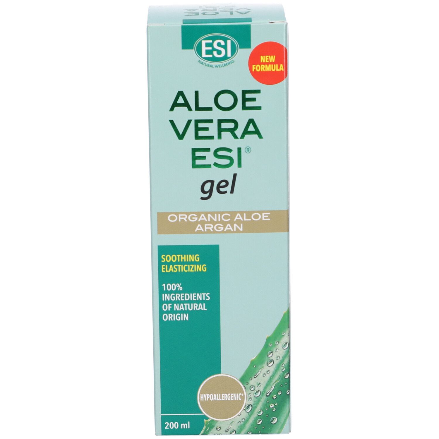 Confezione verde ESI Aloe Vera ESI Gel. Testo: Aloe Vera ESI gel, Organic Aloe Argan, 100% ingredienti di origine naturale.