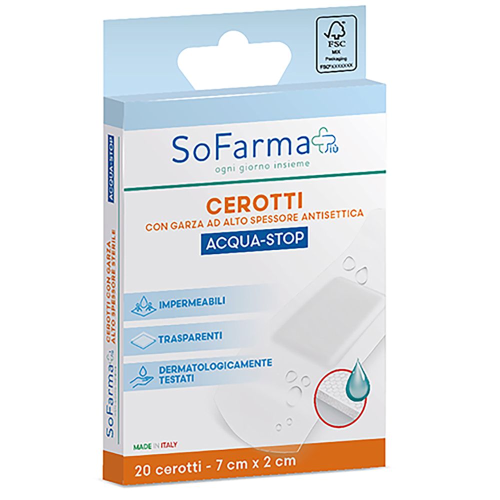Verpackung mit Pflastern. Marke SoFarma. Aqua-Stop-Pflaster, 7x2 cm, 20 Stück. FSC-Zertifizierung.