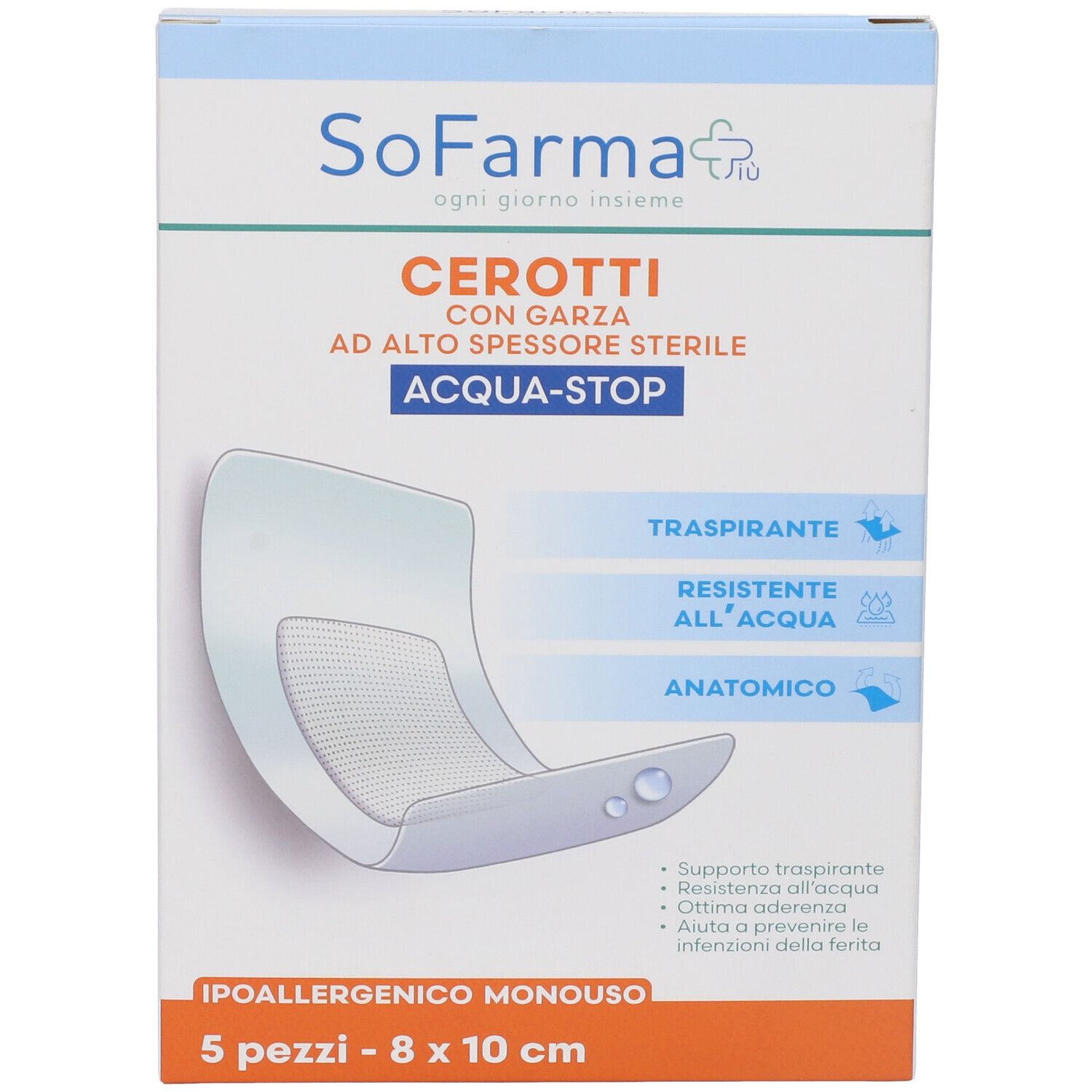 Pflasterverpackung. Aufschrift: Cerotti, Acqua-Stop, 5 Stück, 8 x 10 cm. Eigenschaften: atmungsaktiv, wasserfest, anatomisch.
