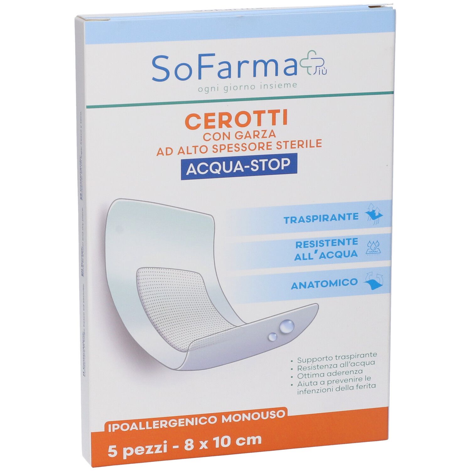 Pflasterverpackung. Aufschrift: Cerotti, Acqua-Stop, 5 Stück, 8 x 10 cm. Eigenschaften: atmungsaktiv, wasserfest, anatomisch.