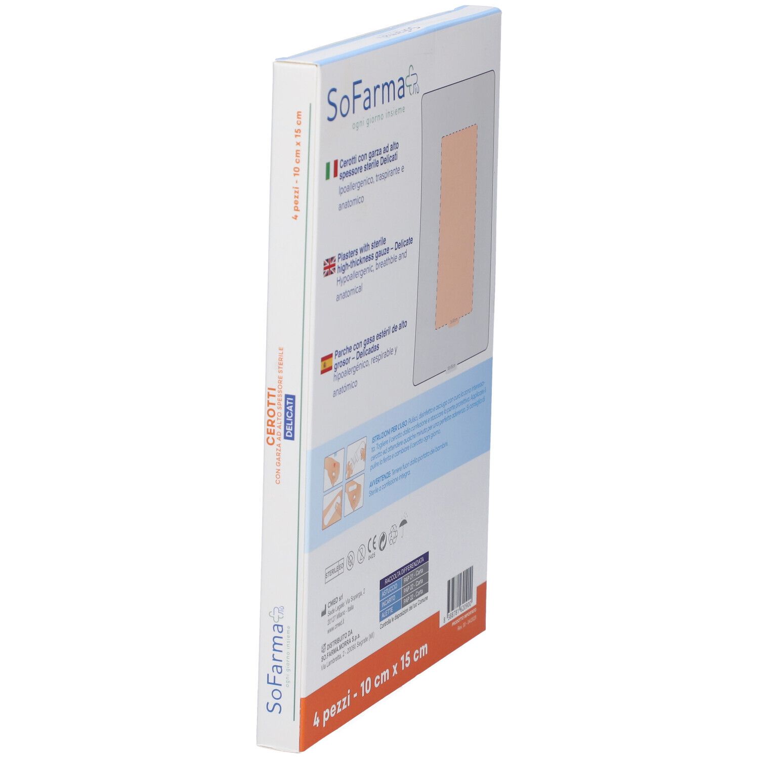 Seite der Verpackung mit Pflastern. Text: 4 pezzi - 10 cm x 15 cm. Marke SoFarmapiu'.