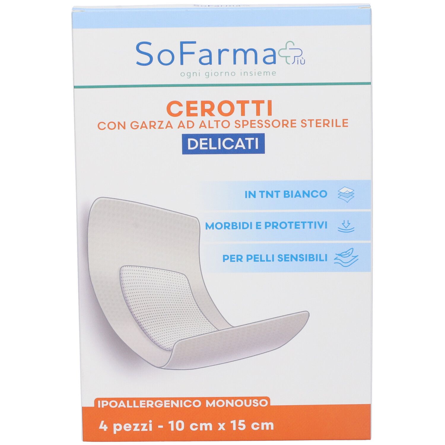 Verpackung mit Pflastern. Marke SoFarmapiu'. Text: Cerotti, 4 Stück, 10 cm x 15 cm. Mit steriler Gaze, für empfindliche Haut.