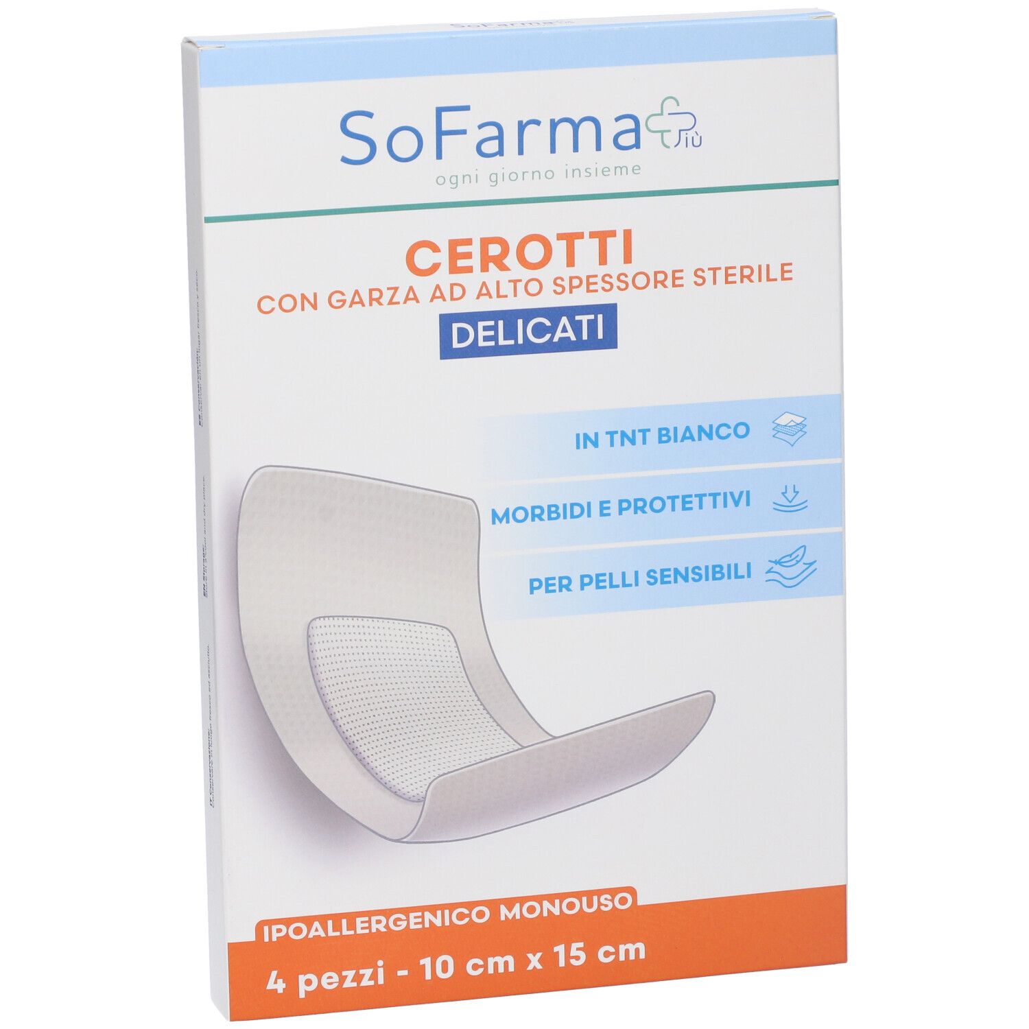 Verpackung mit Pflastern. Marke SoFarmapiu'. Text: Cerotti, 4 Stück, 10 cm x 15 cm. Mit steriler Gaze, für empfindliche Haut.