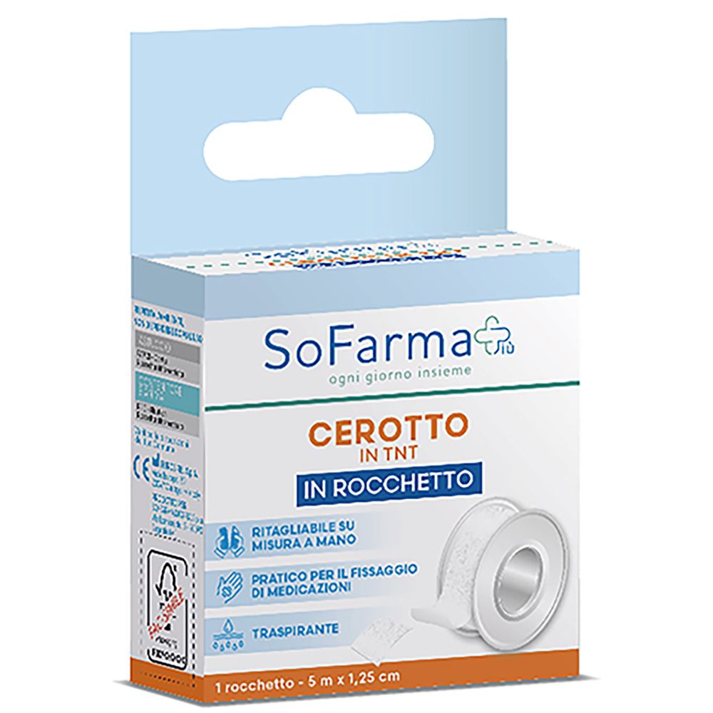 Verpackung von Sofarmapiu' Rocchetto Tessuto Non Tessuto. Enthält eine Rolle Verband, 5 m x 1,25 cm. Mit Produktnamen und Logo.