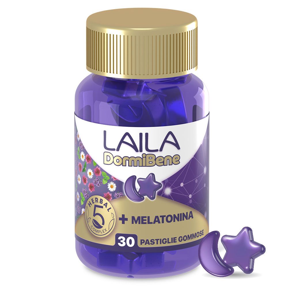 Flacone viola con tappo dorato. Scritta: LAILA DormiBene, 30 caramelle gommose. Caramelle a forma di luna e stella.