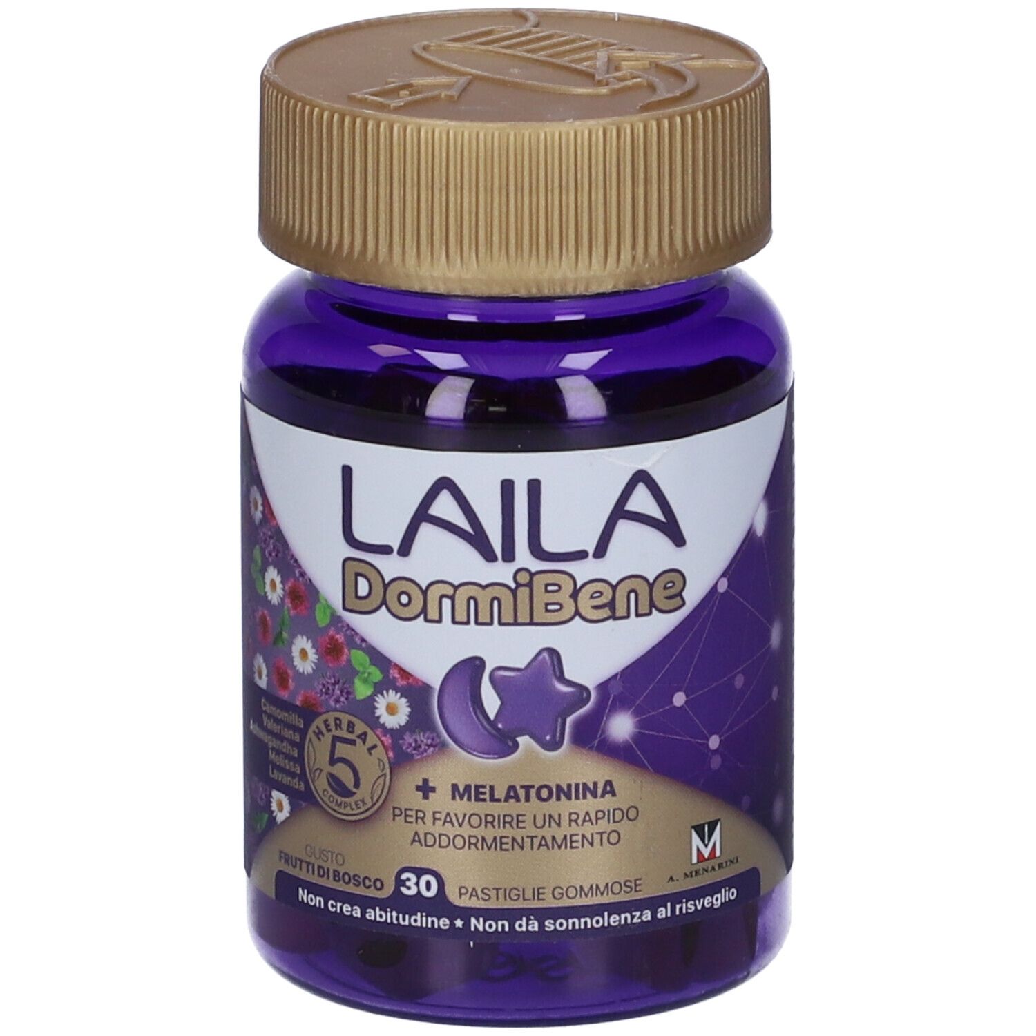 Flacone viola con tappo dorato. Scritta: LAILA DormiBene, 30 caramelle gommose. Caramelle a forma di luna e stella.