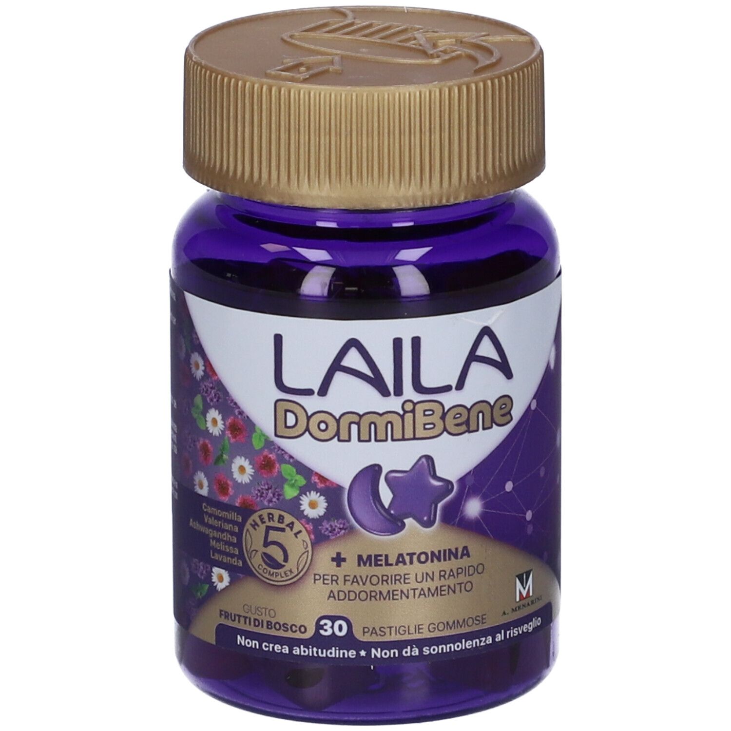 Flacone viola con tappo dorato. Scritta: LAILA DormiBene, 30 caramelle gommose. Caramelle a forma di luna e stella.