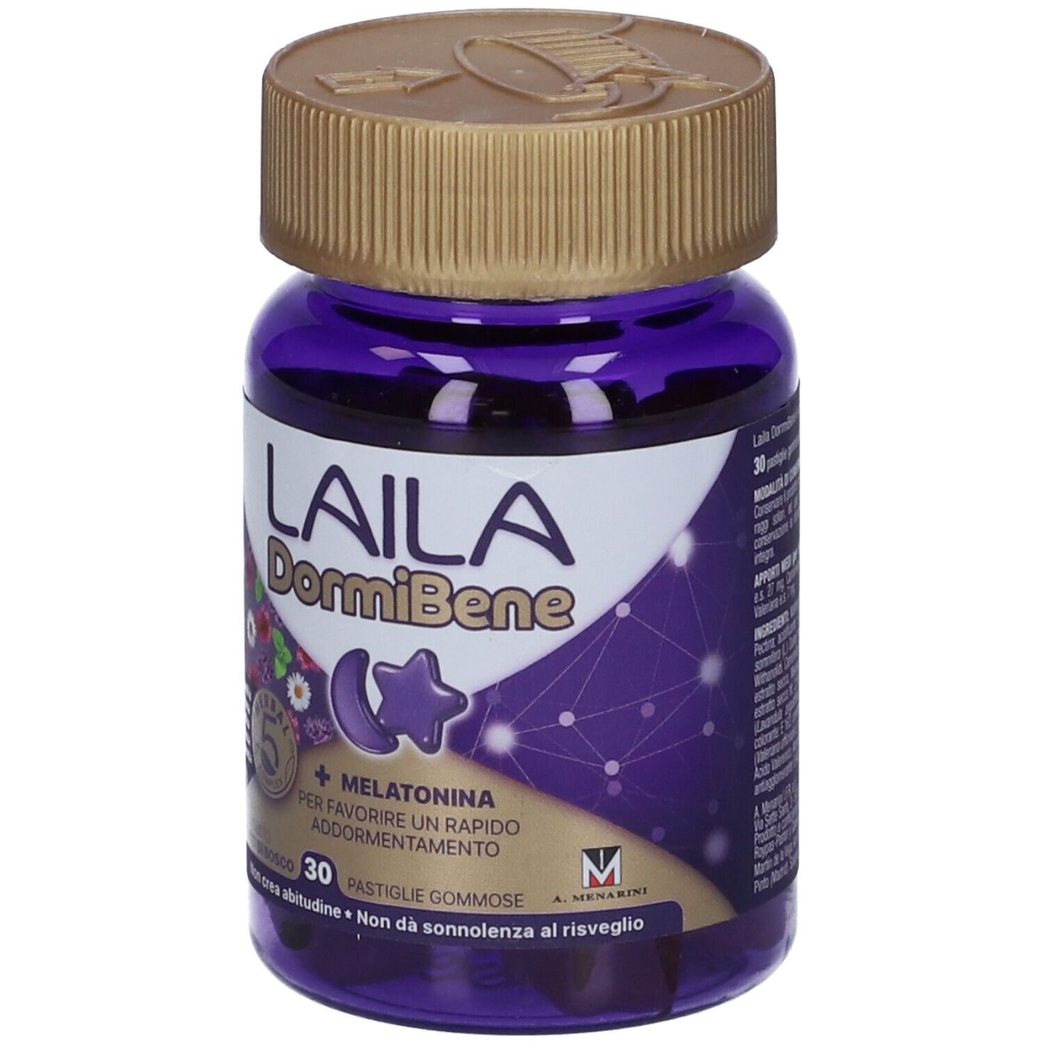 Flacone viola con tappo dorato. Scritta: LAILA DormiBene, 30 caramelle gommose. Caramelle a forma di luna e stella.
