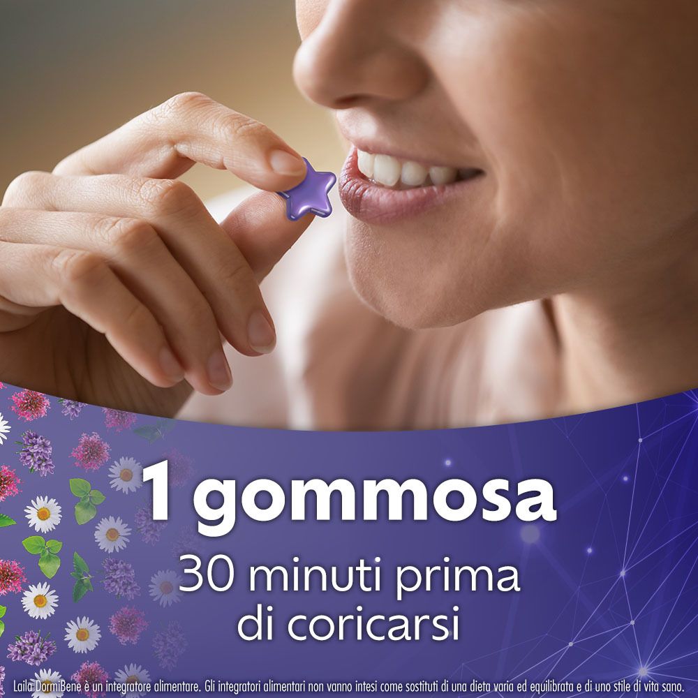 Donna che mette in bocca una caramella gommosa a forma di stella viola. Testo: 1 caramella, 30 minuti prima di coricarsi.