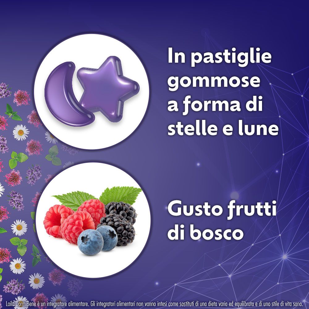 Immagine di caramelle gommose a forma di stella e luna, frutti di bosco. Testo: Caramelle gommose a forma di stella e luna, gusto frutti di bosco.