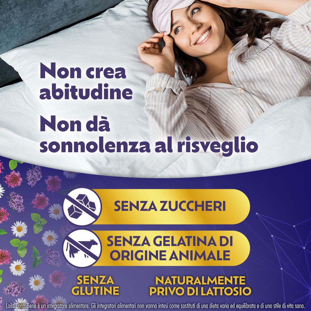Testo: Non crea assuefazione, non dà sonnolenza al risveglio. Senza zuccheri, senza gelatina di origine animale, senza glutine, senza lattosio.