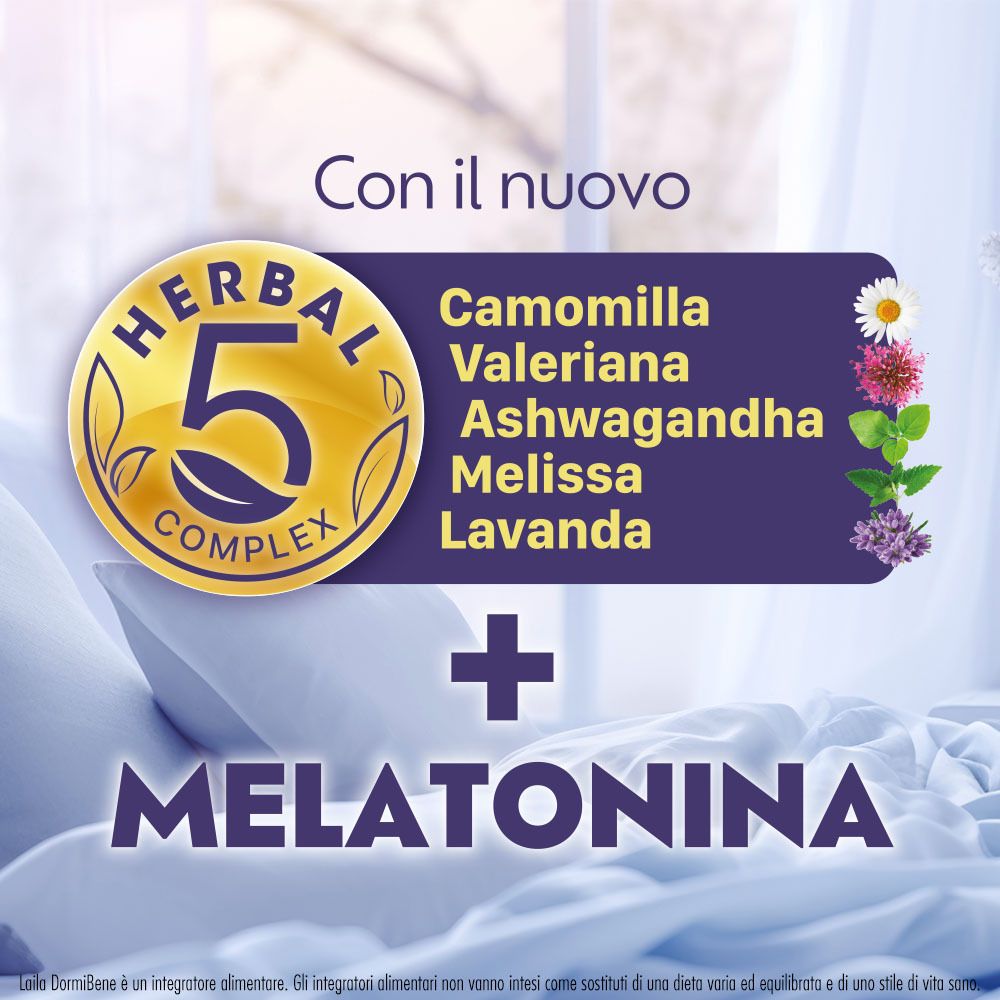 Testo: Con il nuovo Herbal 5 Complex + Melatonina. Camomilla, Valeriana, Ashwagandha, Melissa, Lavanda.