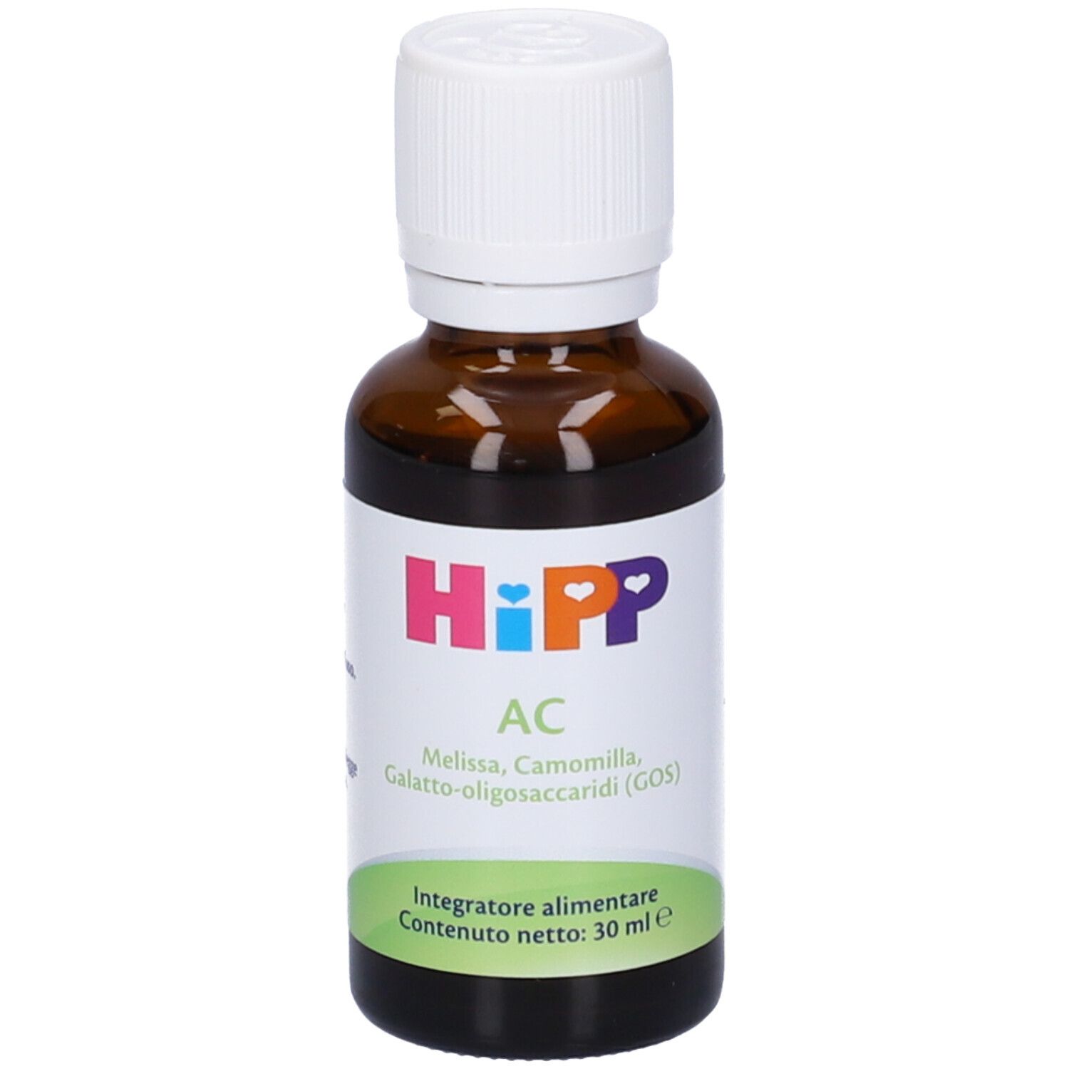 Flacone di vetro marrone con tappo bianco. Etichetta HiPP AC, ingredienti e peso netto 30 ml.