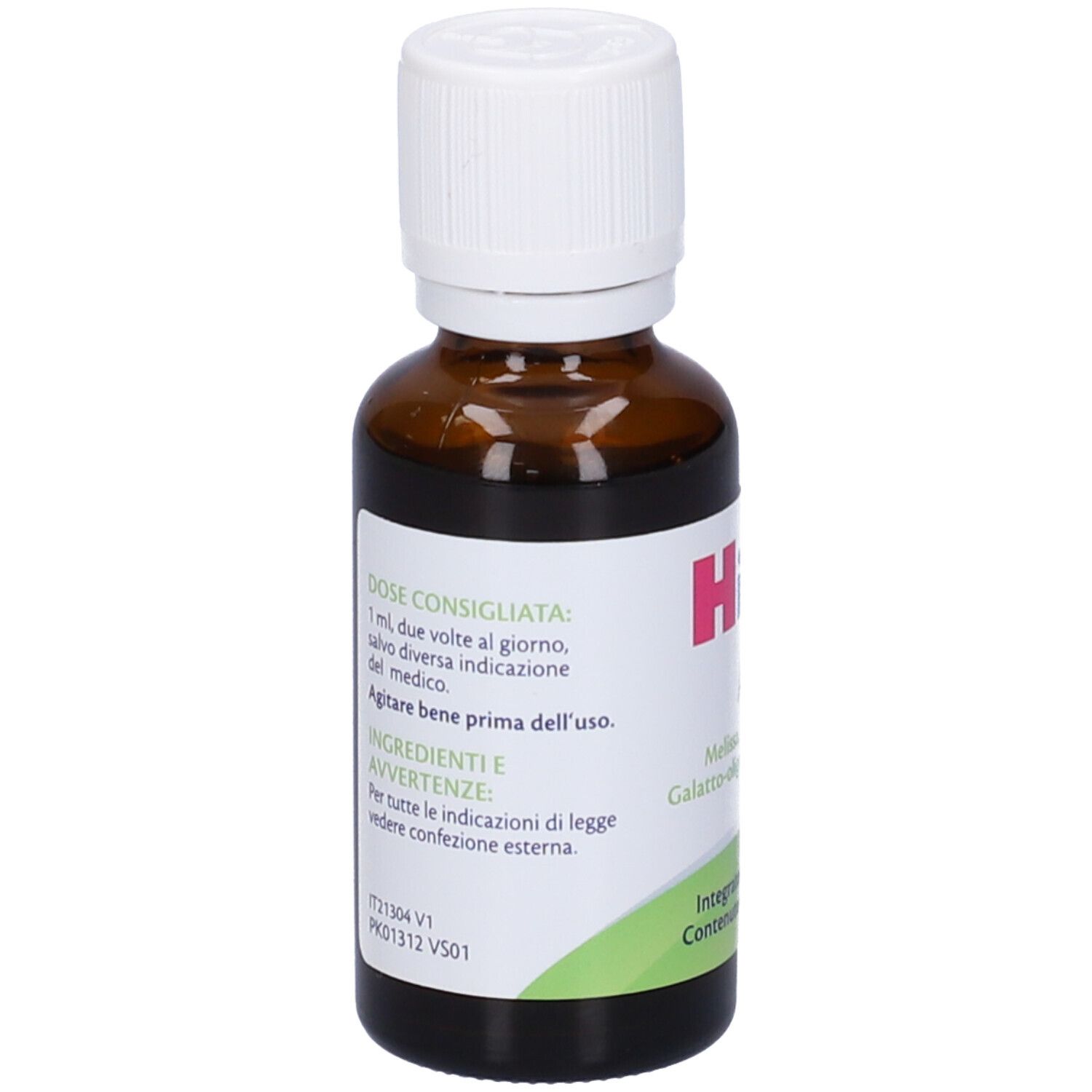 Flacone di vetro marrone con tappo bianco. Etichetta con istruzioni per il dosaggio e ingredienti.