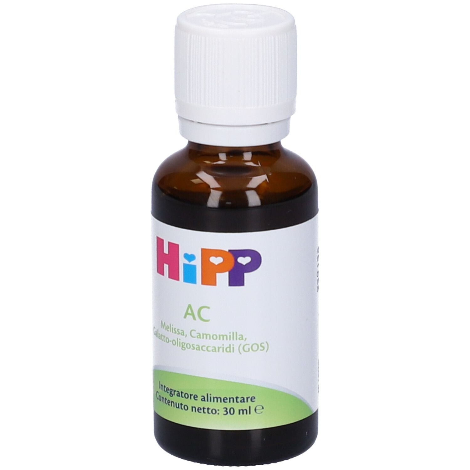 Flacone di vetro marrone con tappo bianco. Etichetta HiPP AC, ingredienti e peso netto 30 ml.