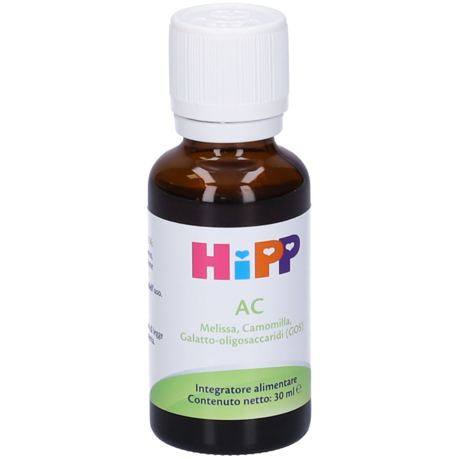 Flacone di vetro marrone con tappo bianco. Etichetta HiPP AC, ingredienti e peso netto 30 ml.