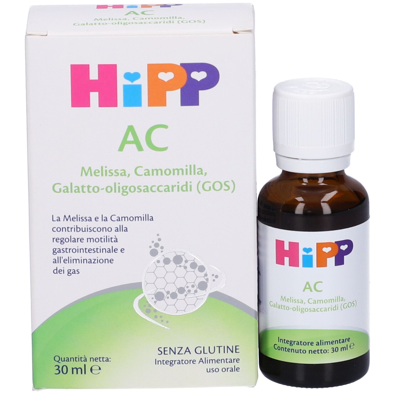 Confezione e flacone. Scatola bianca con HiPP AC, ingredienti e flacone.