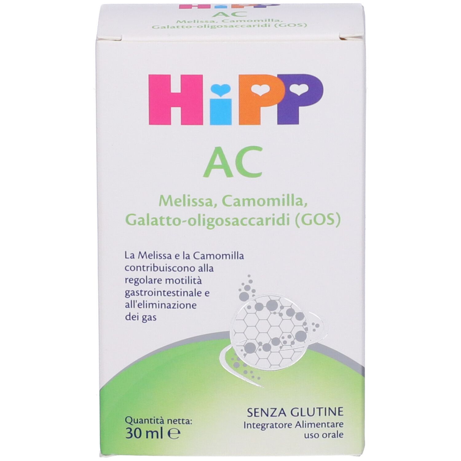 Scatola bianca con HiPP AC, ingredienti e informazioni sul prodotto. Senza glutine.
