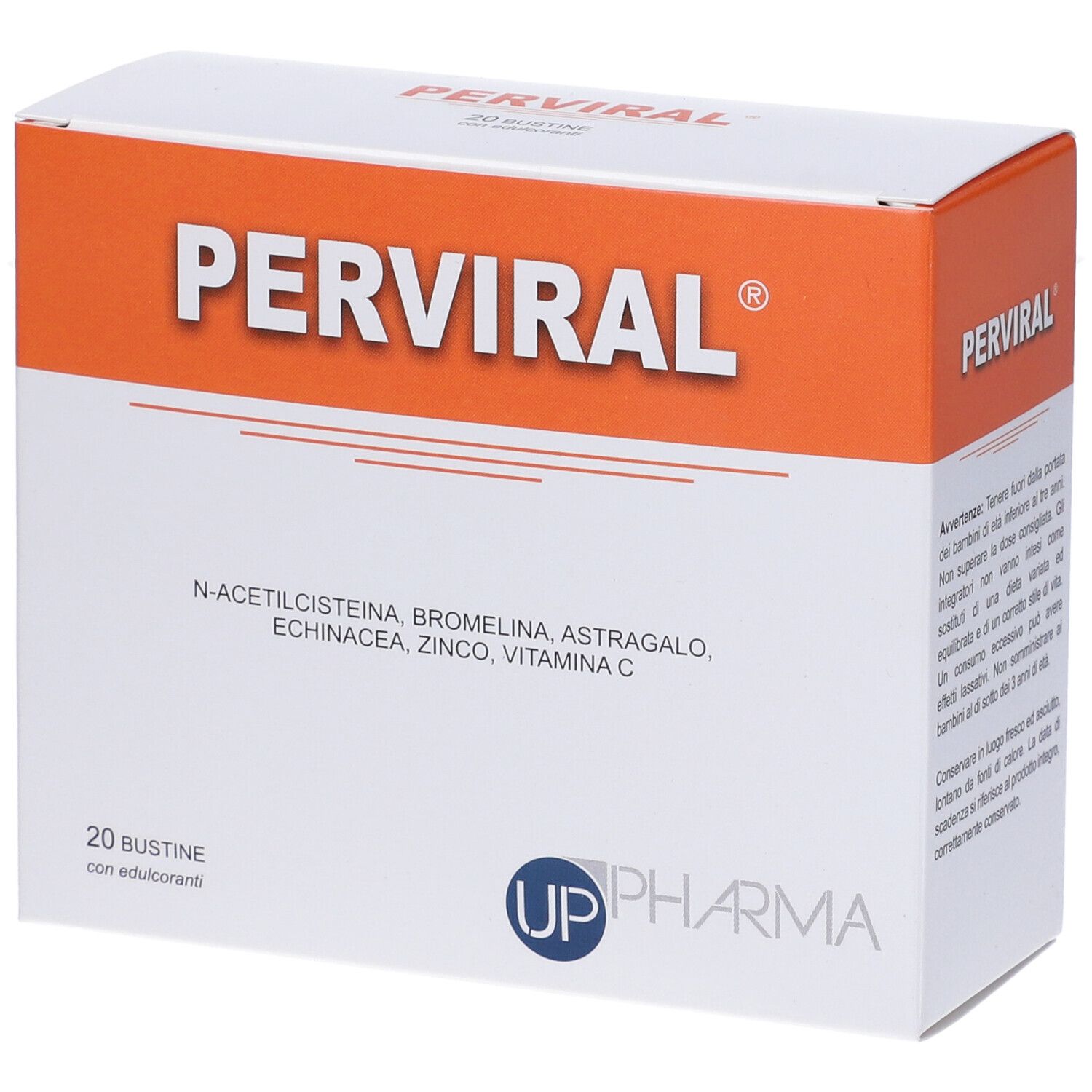 Scatola "PERVIRAL". Contiene 20 bustine con edulcoranti. Logo UP Pharma.