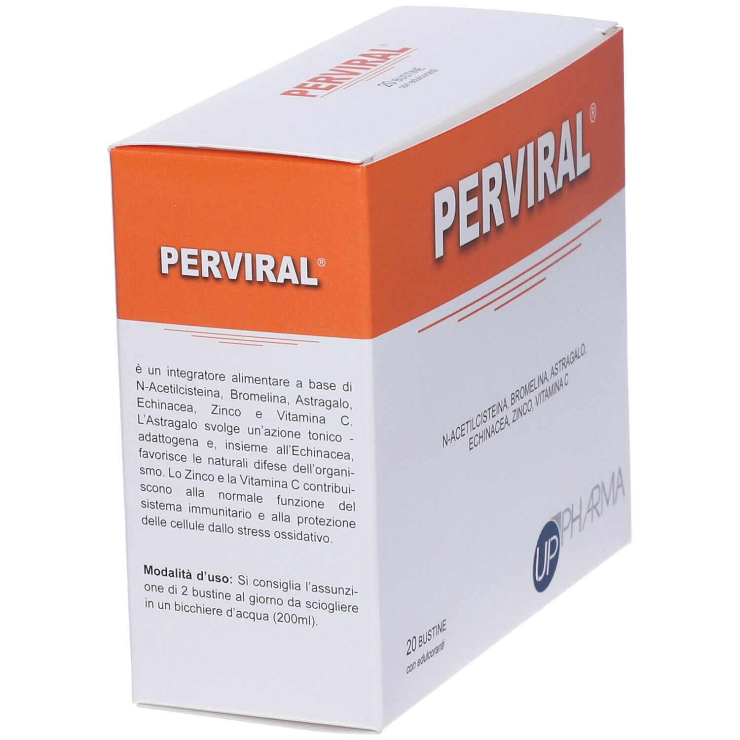 Scatola "PERVIRAL" con informazioni. Logo UP Pharma. Contiene 20 bustine.