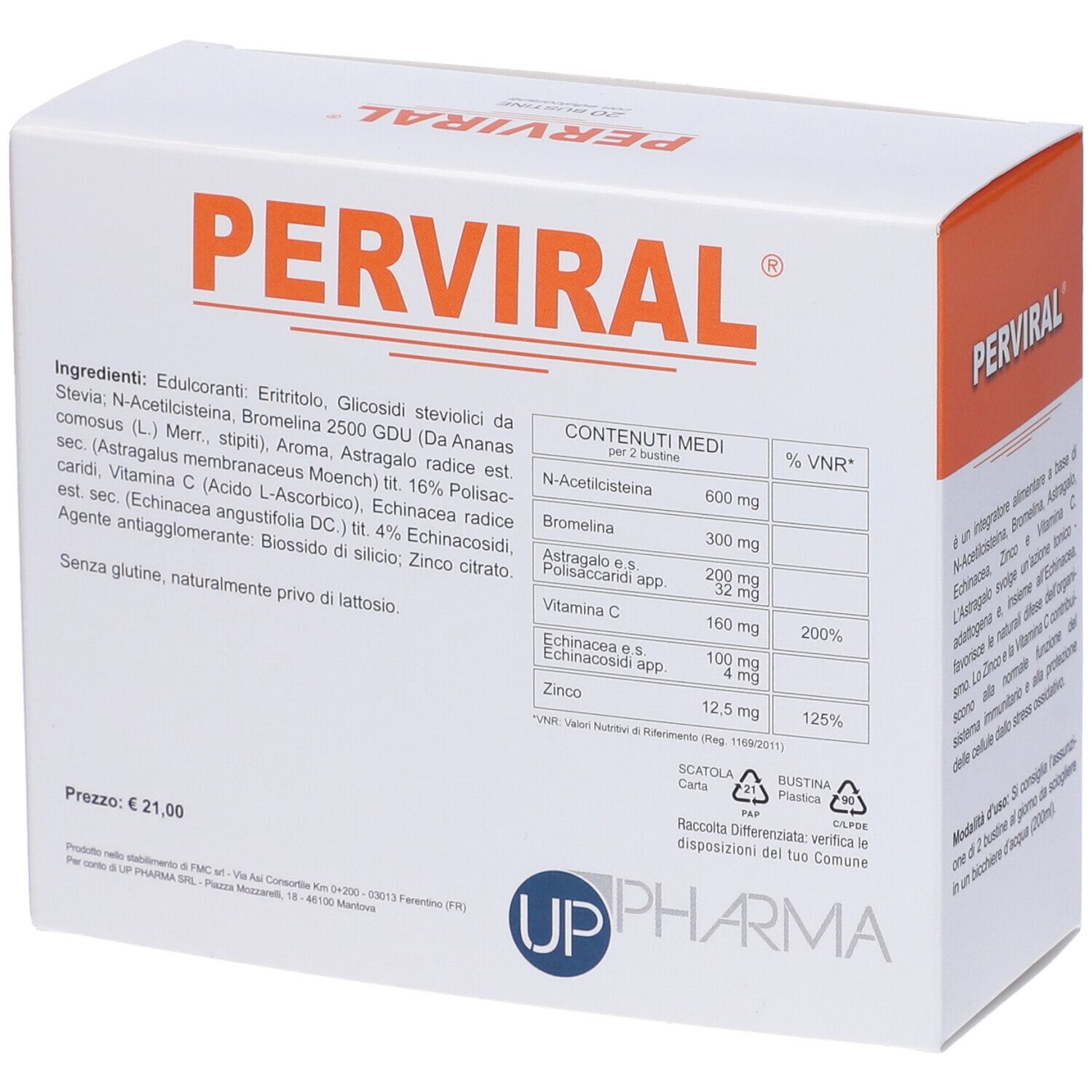 Scatola "PERVIRAL" con ingredienti e tabella nutrizionale. Logo UP Pharma.