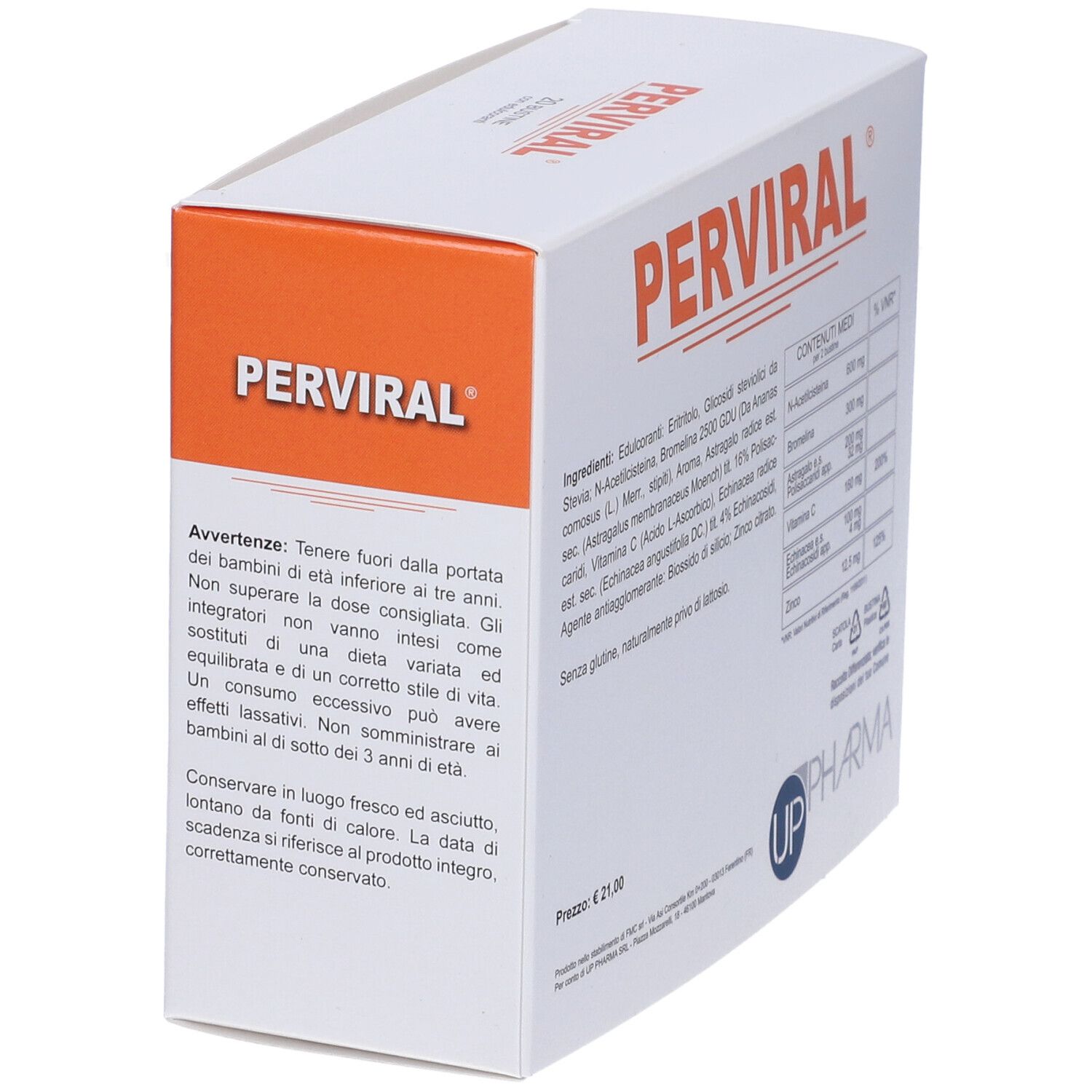 Scatola "PERVIRAL" con avvertenze. Logo UP Pharma. Prezzo: 21,00 €.